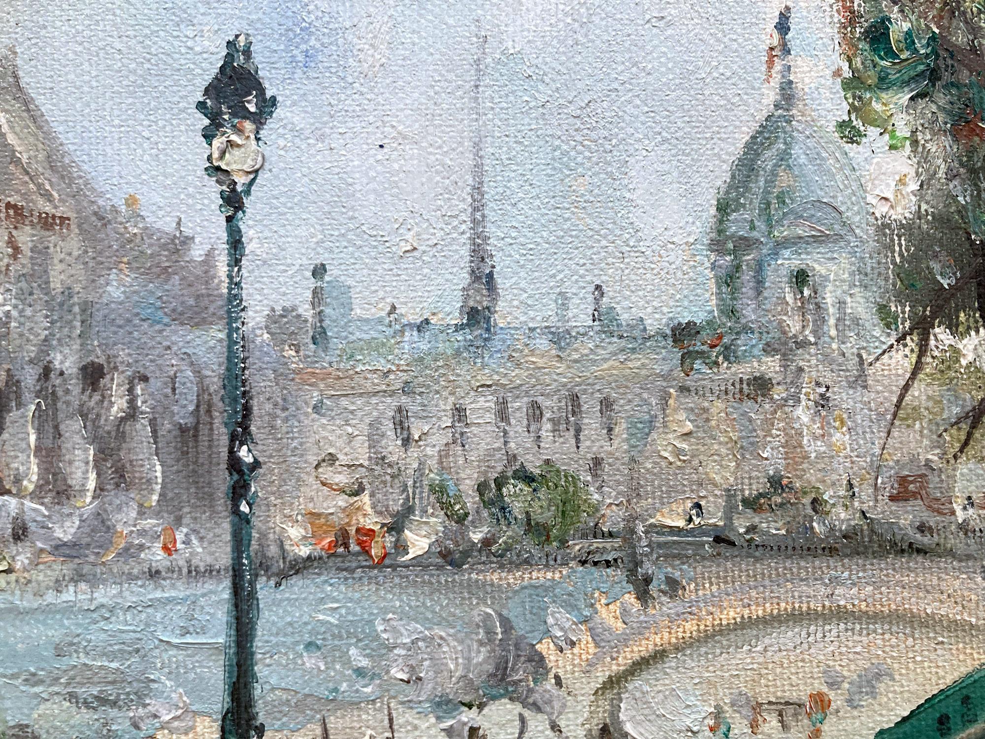 Eine außergewöhnliche impressionistische Darstellung eines Nachmittags an der Seine in Paris von Mario Passoni, an einem Frühlingstag mit dem geschäftigen Treiben der Spaziergänger und der Figuren, die sich über die Seite lehnen, um einen Blick auf
