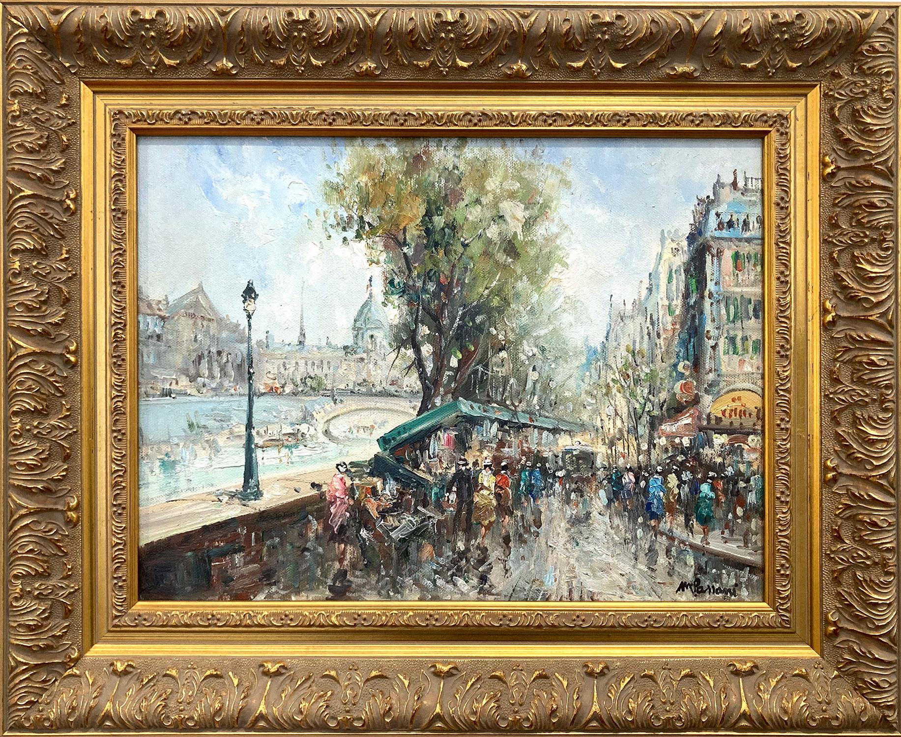 Mario Passoni Figurative Painting - "An Afternoon Along the Seine, Paris" Impressionist Oil Painting on Canvas Scene