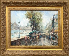 Vintage "An Afternoon Along the Seine, Paris" Impressionist Oil Painting on Canvas Scene