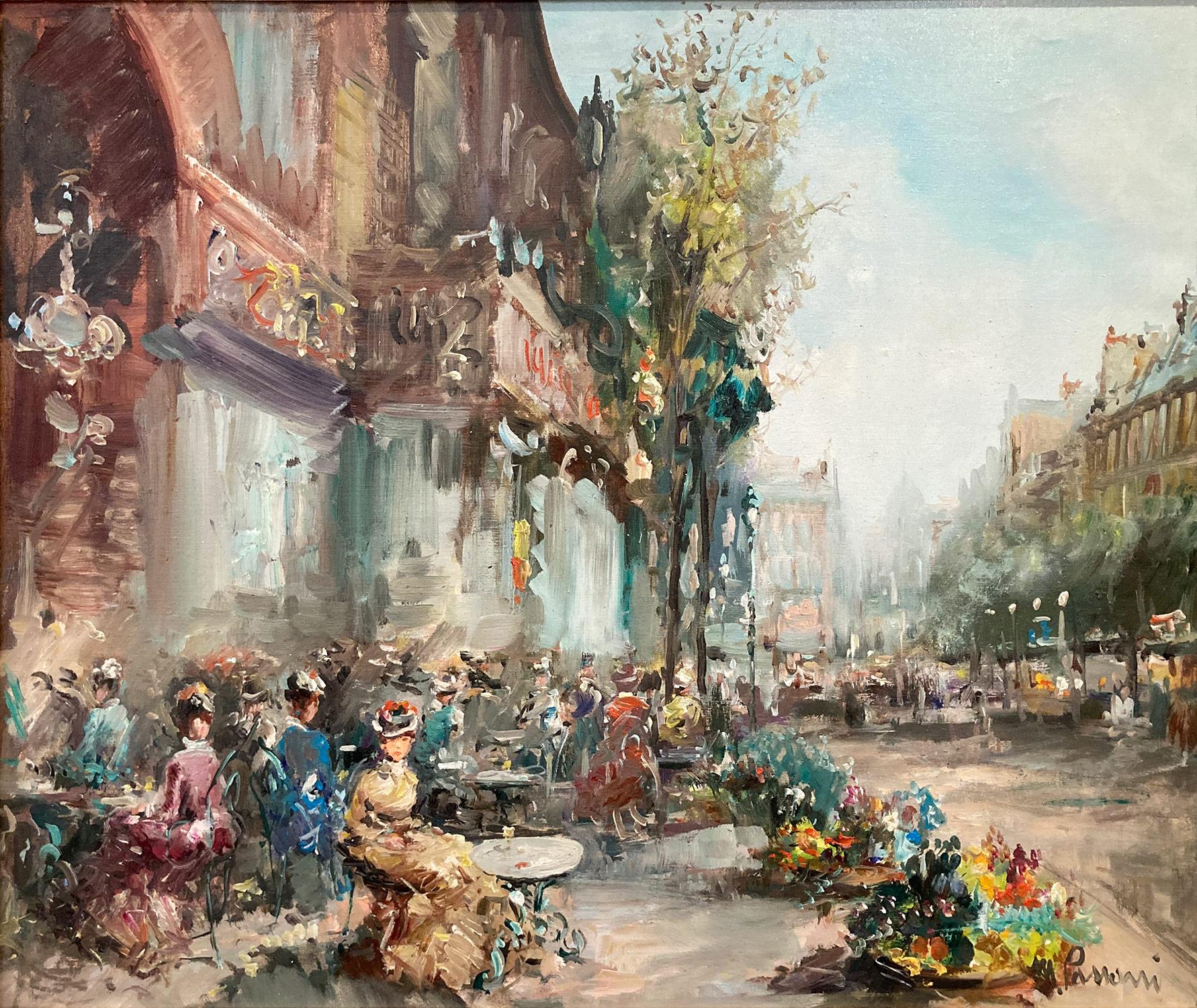 マリオ・パッソーニ作 「Café De Paris」(油絵) Mario Passoni - 
