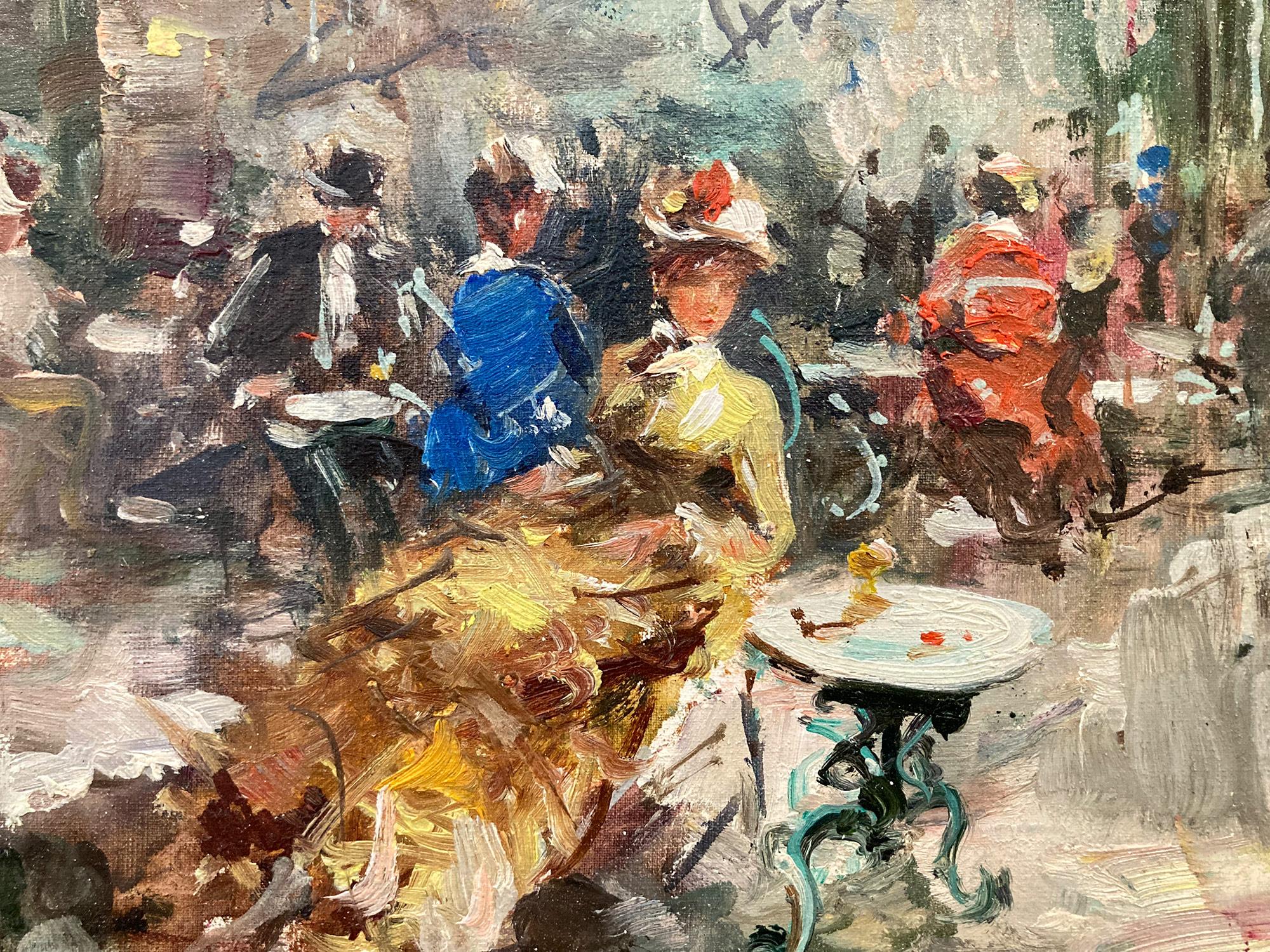 An exceptional impressionistic depiction of an afternoon at an outdoors Cafe in Paris by Mario Passoni, on a spring day with the busy activities of people walking and cars coming and going. The Paris captured in this piece is the city of poetry, the