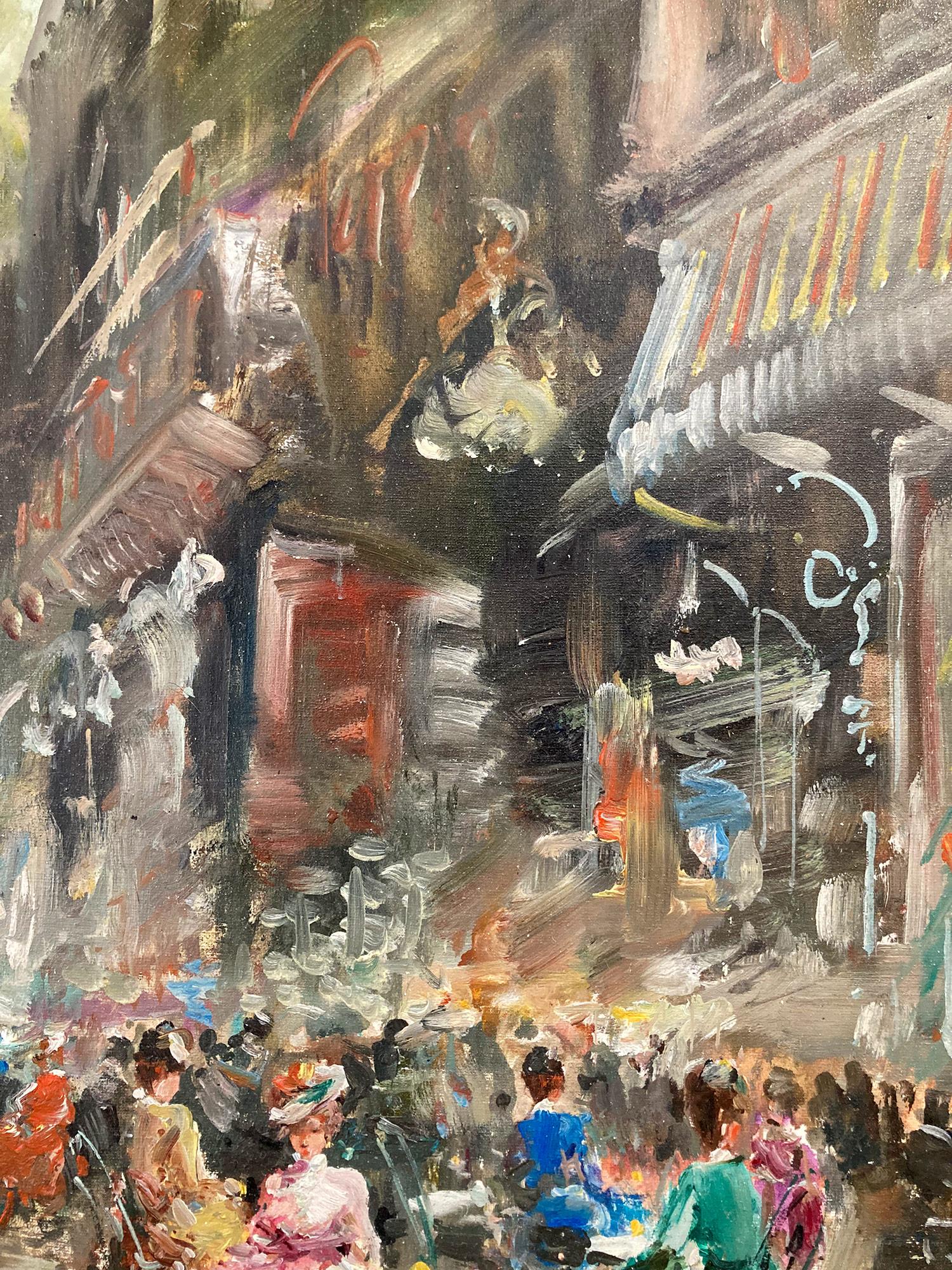 Un'eccezionale rappresentazione impressionistica di un pomeriggio in un caffè all'aperto a Parigi di Mario Passoni, in una giornata di primavera, con l'attività frenetica di persone che camminano e altri  seduti sul marciapiede del caffè. La Parigi