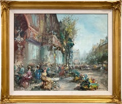 "Outdoor Cafe, Paris" Impressionist Street Scene Oil Painting on Canvas Framed