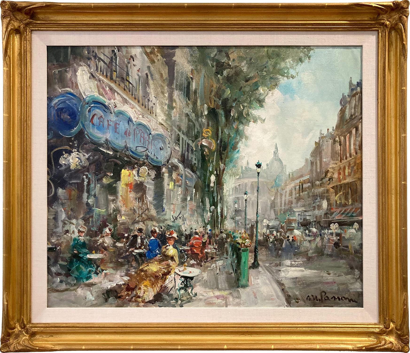 Mario Passoni Figurative Painting - "Outdoor Cafe" Parisian Impressionist Oil Painting on Canvas Scene with Figures