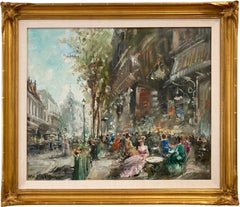 Peinture à l'huile impressionniste parisienne sur toile - Scène avec personnages