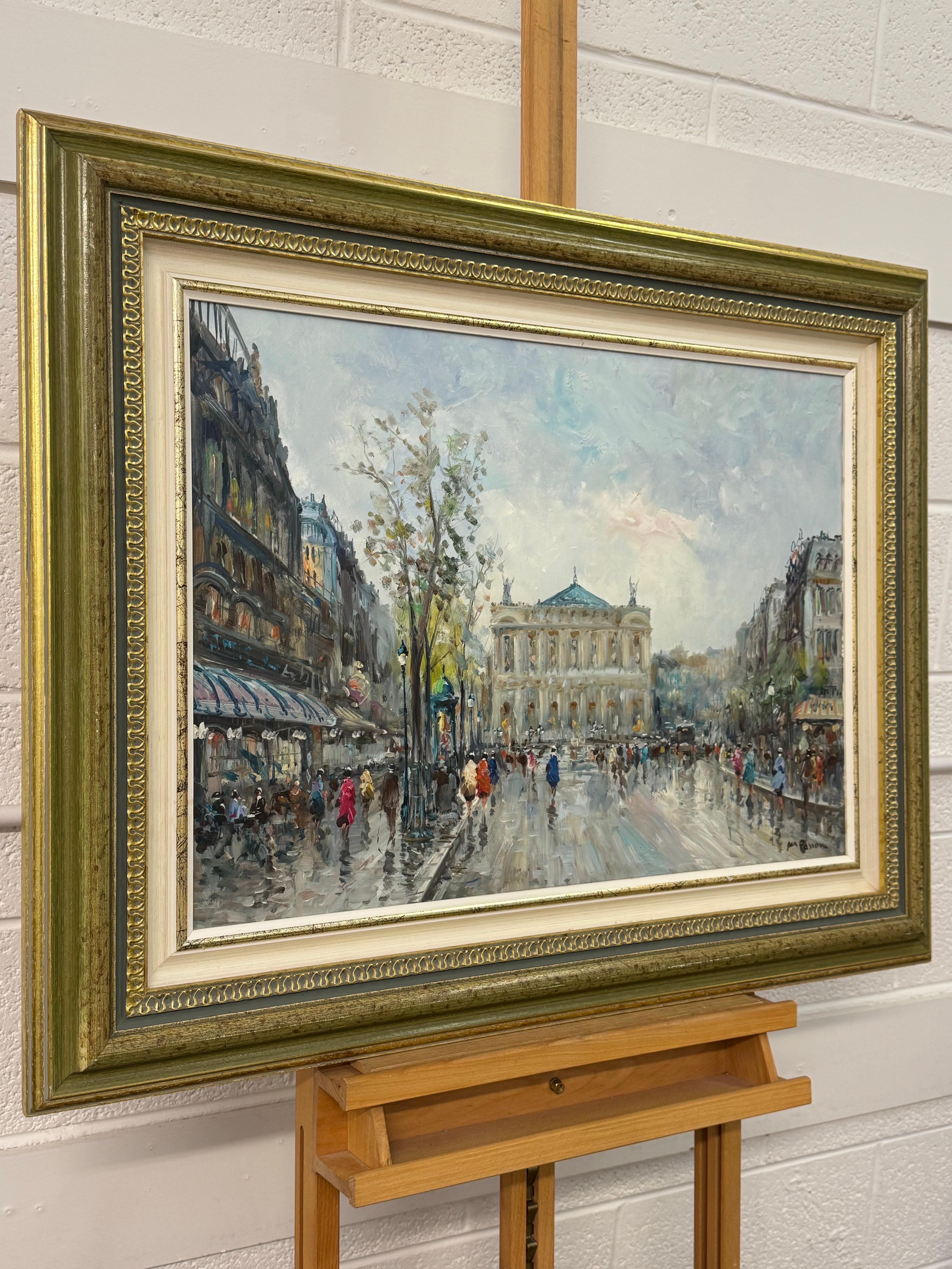 Paris Palais Garnier (Opéra) avec personnages 20e siècle Post-Impressionnisme - Painting de Mario Passoni