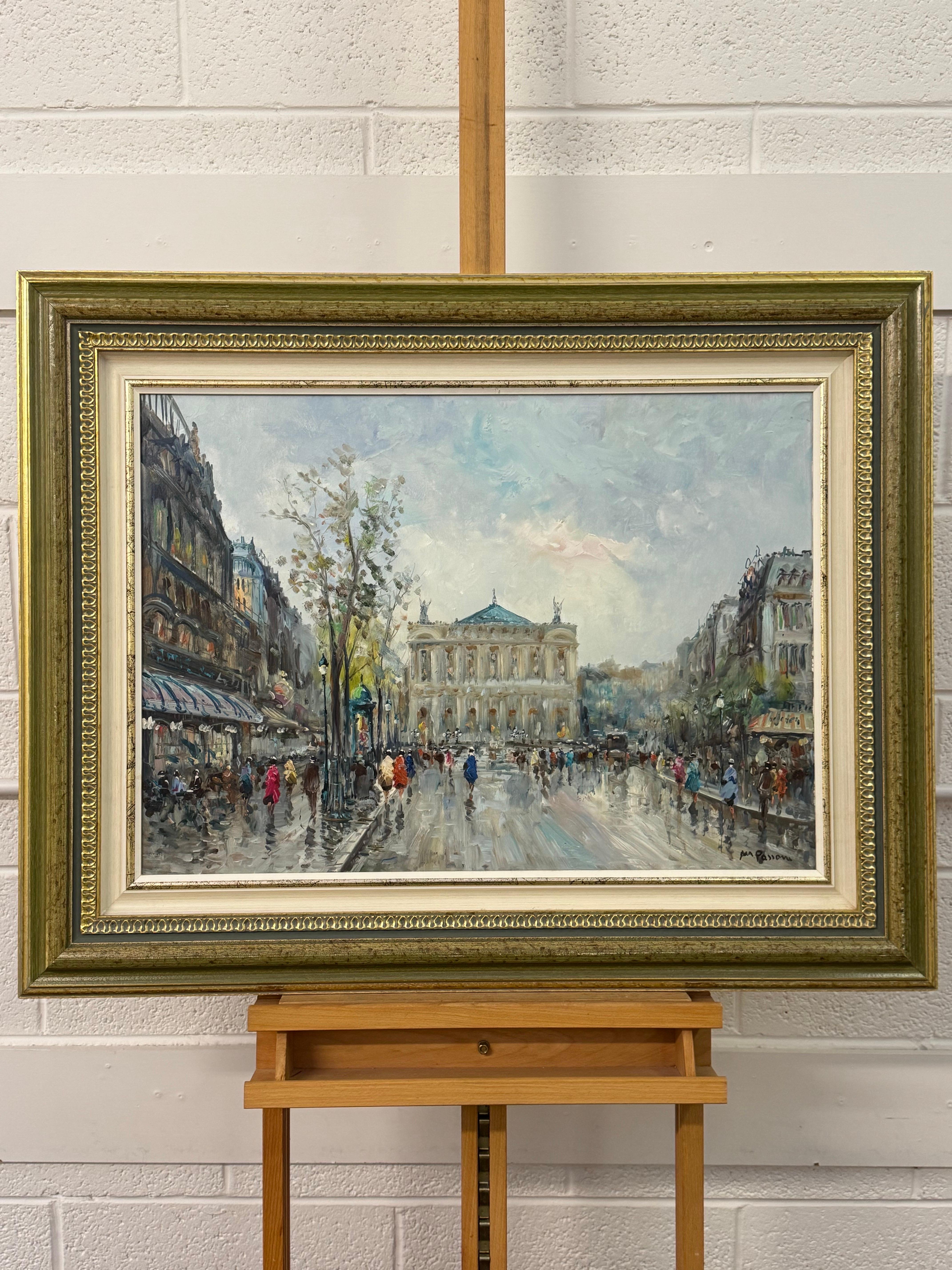 Paris Palais Garnier (Opéra) avec personnages 20e siècle Post-Impressionnisme - Post-impressionnisme Painting par Mario Passoni