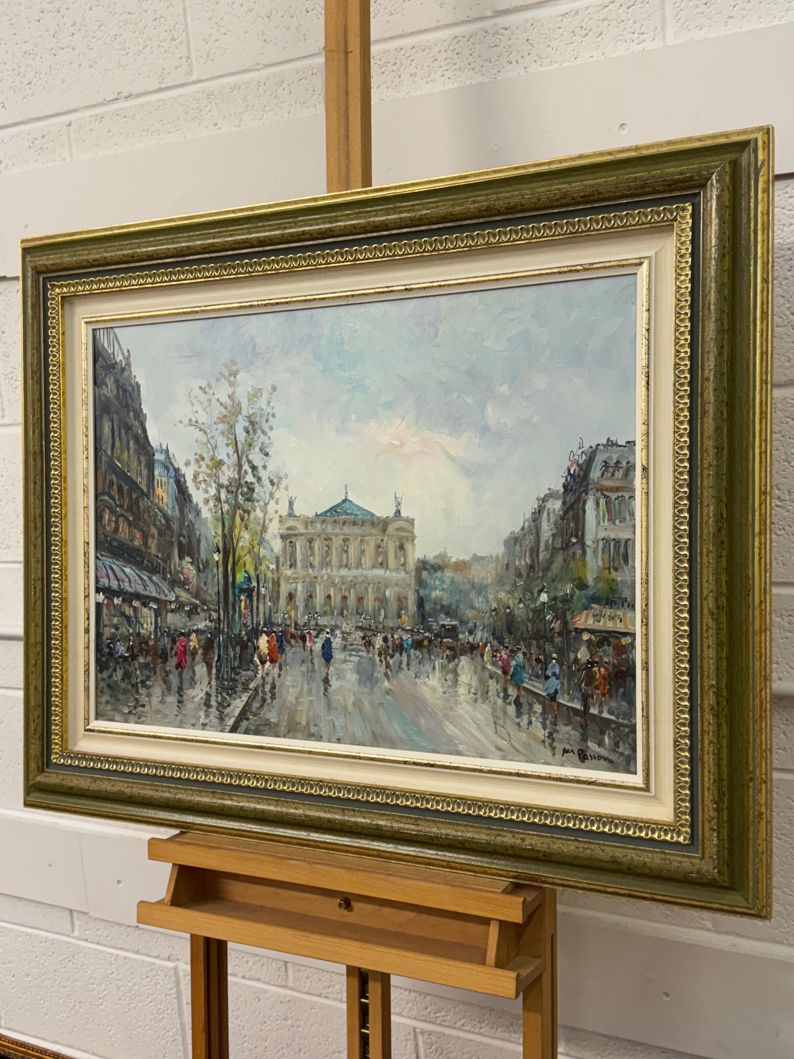 Paris Palais Garnier (Opéra) avec personnages 20e siècle Post-Impressionnisme - Gris Landscape Painting par Mario Passoni