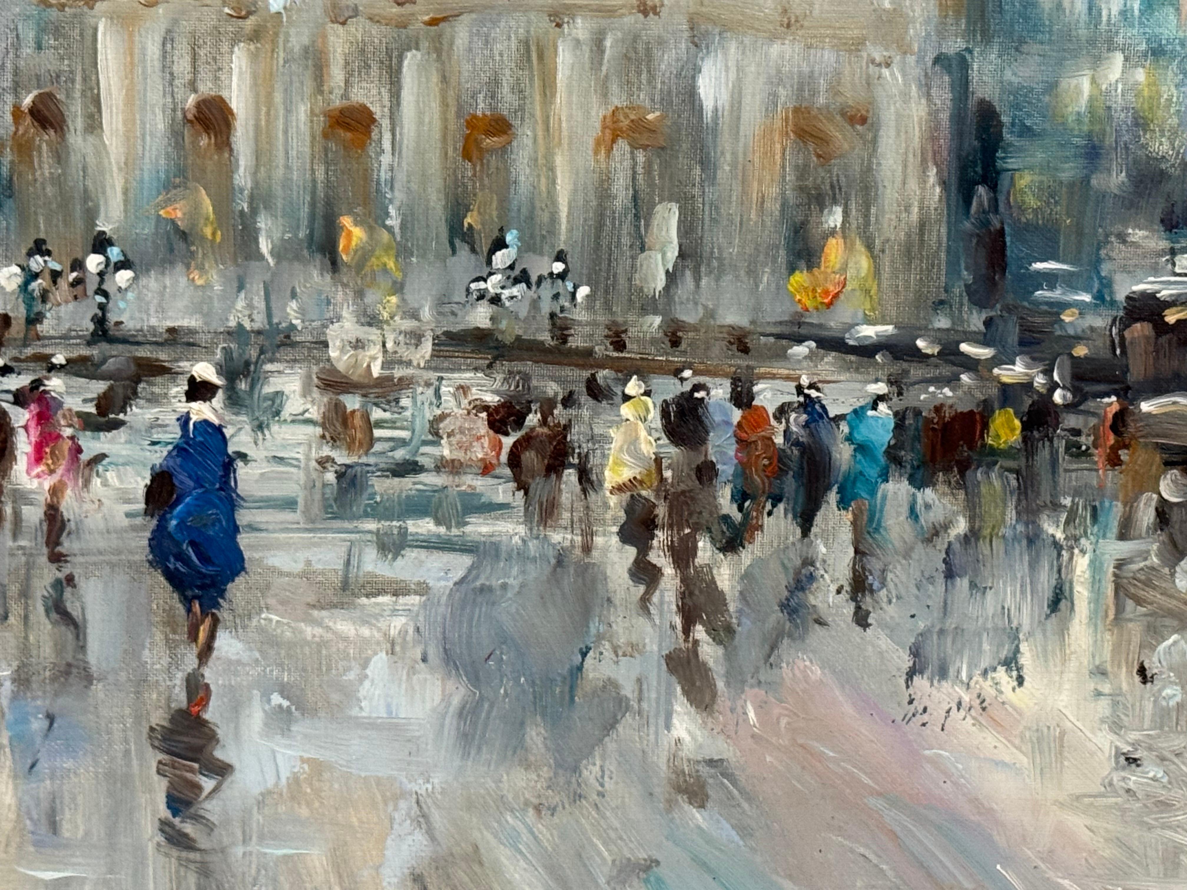 Paris Palais Garnier (Opéra) avec figures Post-impressionnisme du 20e siècle de l'Artiste italien Mario Passoni (Italien, né en 1927)

L'œuvre d'art mesure 28 x 20 pouces
Le cadre mesure 37 x 29 pouces

Cette peinture exquise de Mario Grandeur