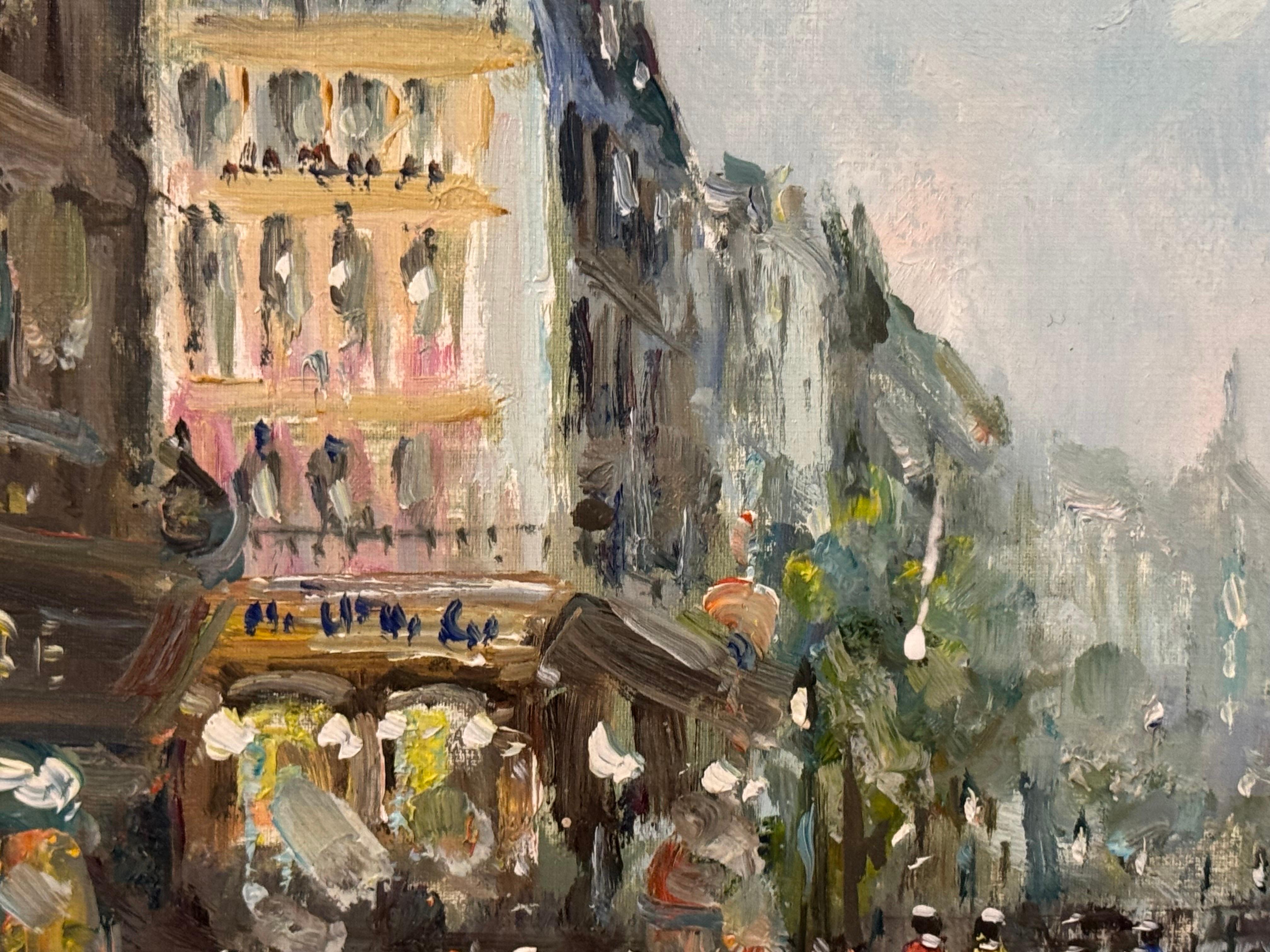 Paris Street Scene with Figures Parisian Street 20th Century Post-Impressionism - Brown Figurative Painting by Mario Passoni