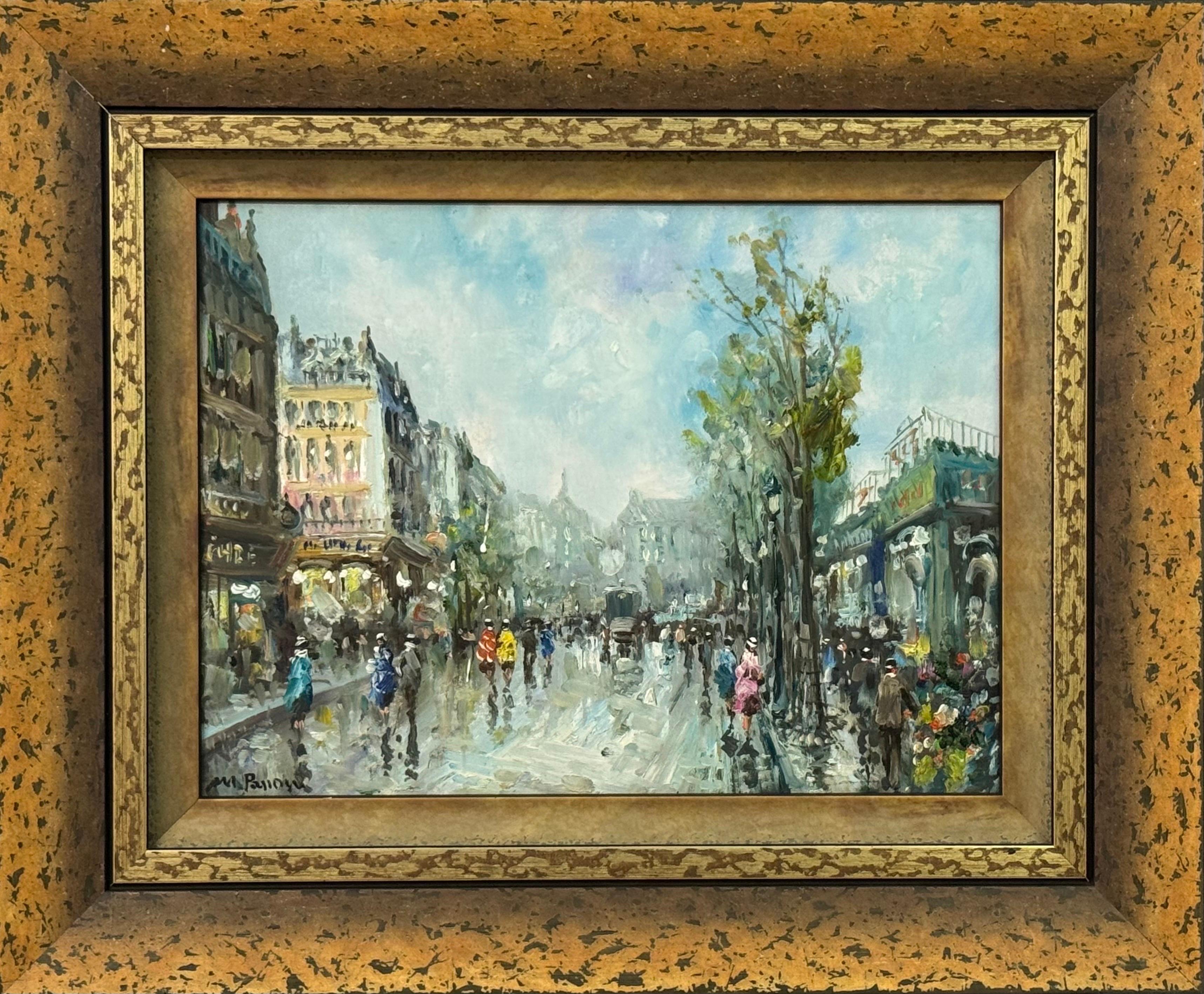 Mario Passoni Figurative Painting - Paris Street Scene with Figures Parisian Street 20th Century Post-Impressionism
