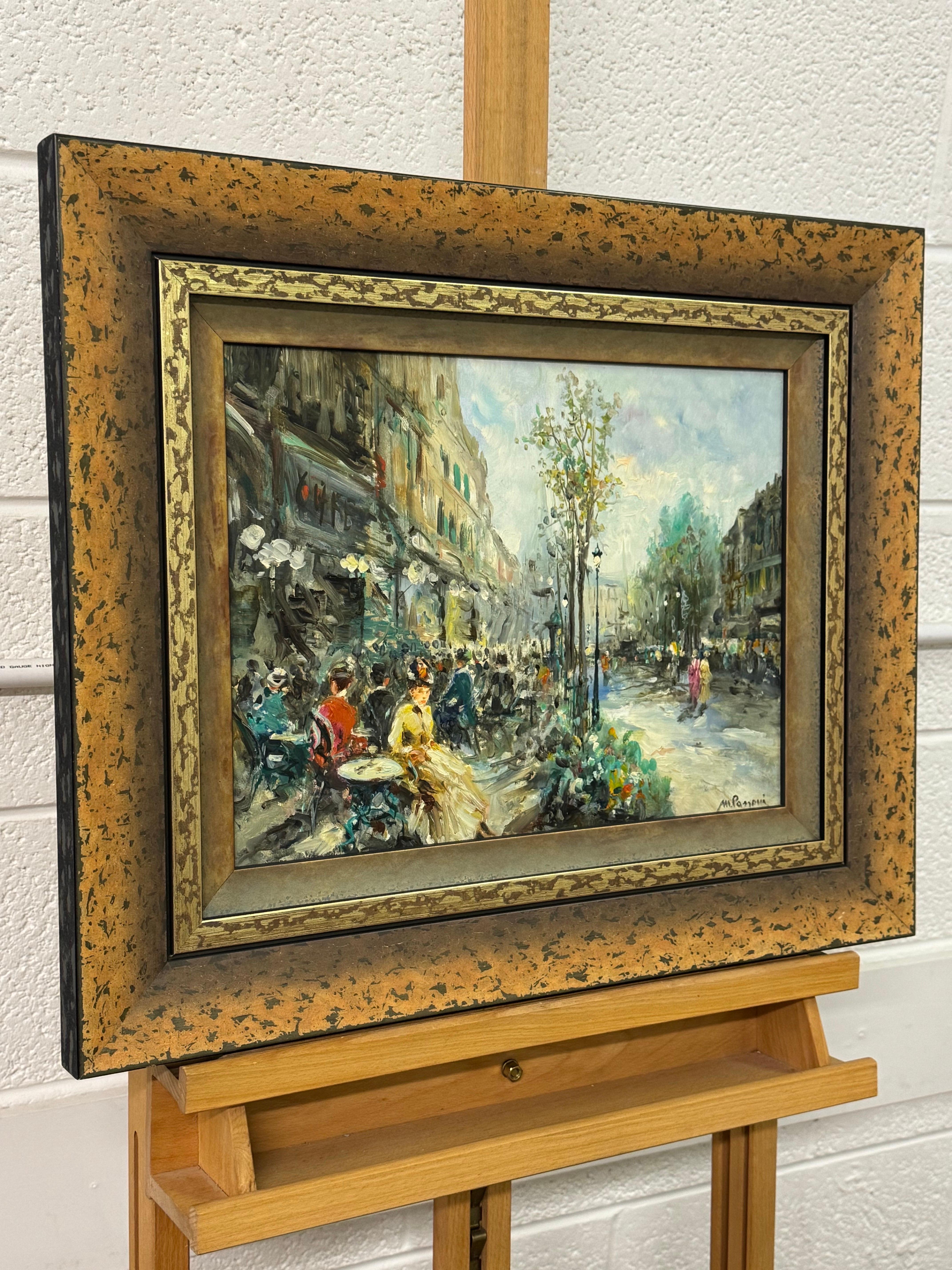 Parisian Café Terrace Street Street with Figures 20th Century Post-Impressionism - Painting by Mario Passoni