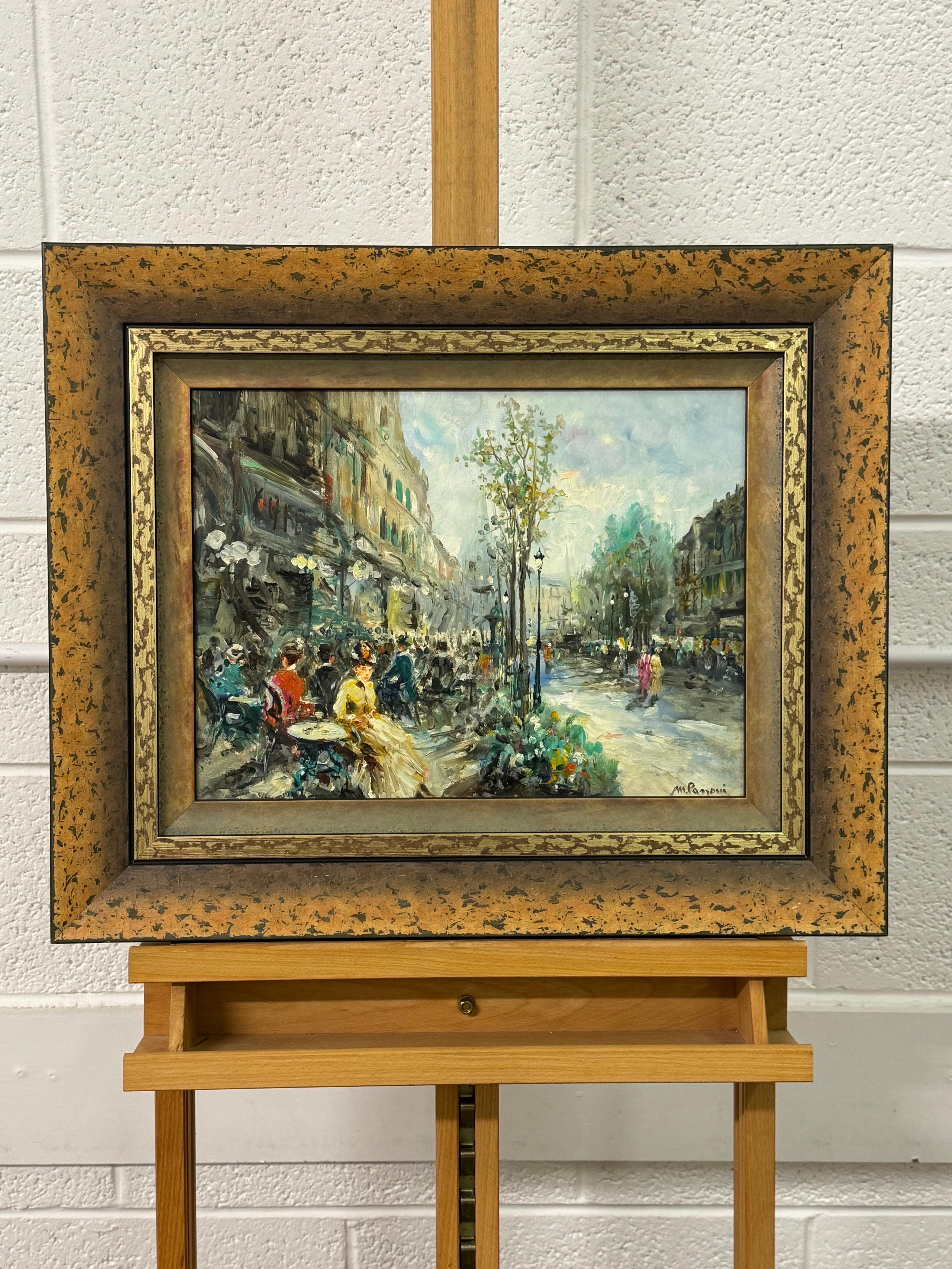 Parisian Café Terrace Street Street with Figures 20th Century Post-Impressionism - Post-Impressionist Painting by Mario Passoni