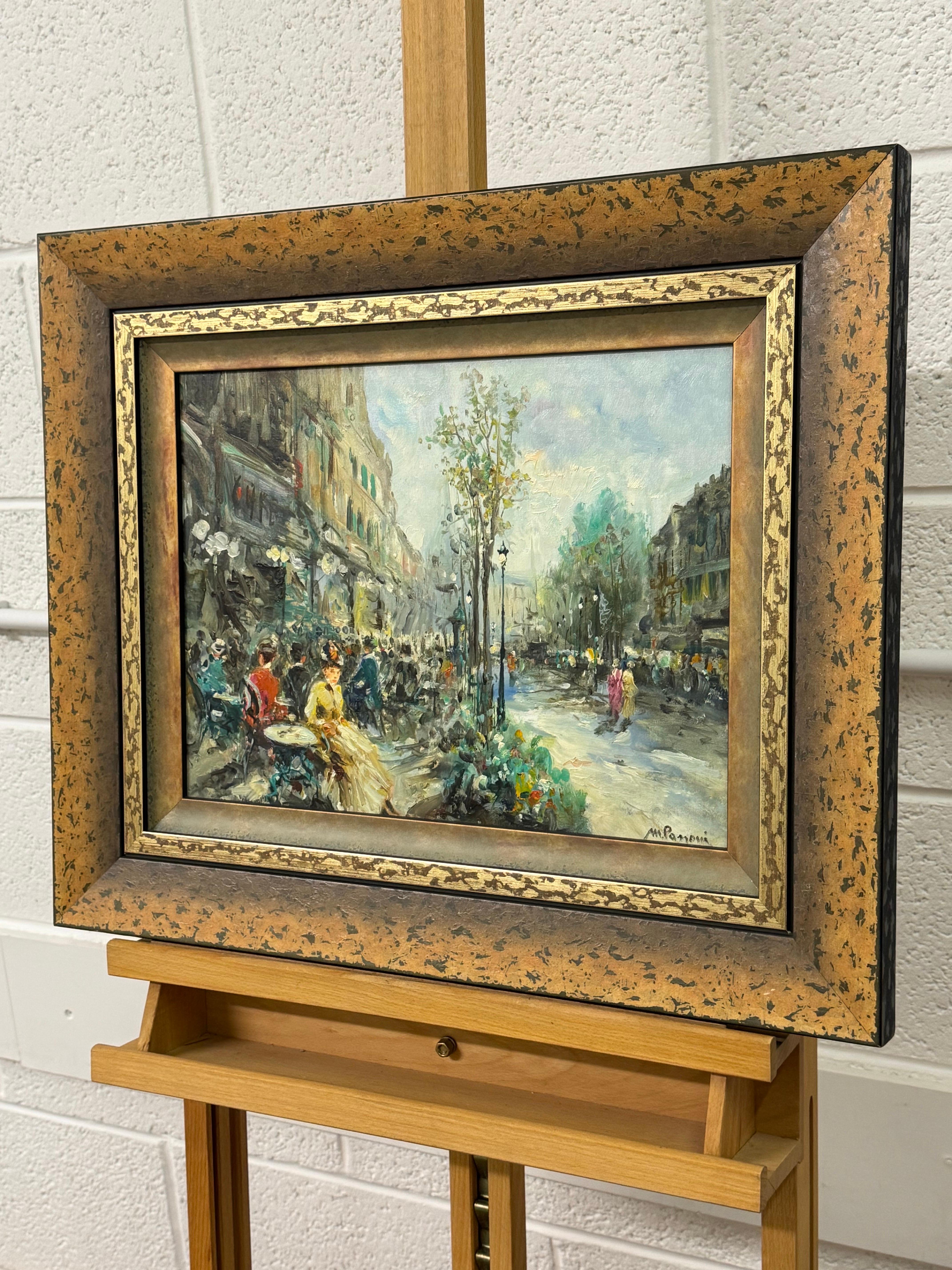 Parisian Café Terrace Street Street with Figures 20th Century Post-Impressionism - Brown Figurative Painting by Mario Passoni