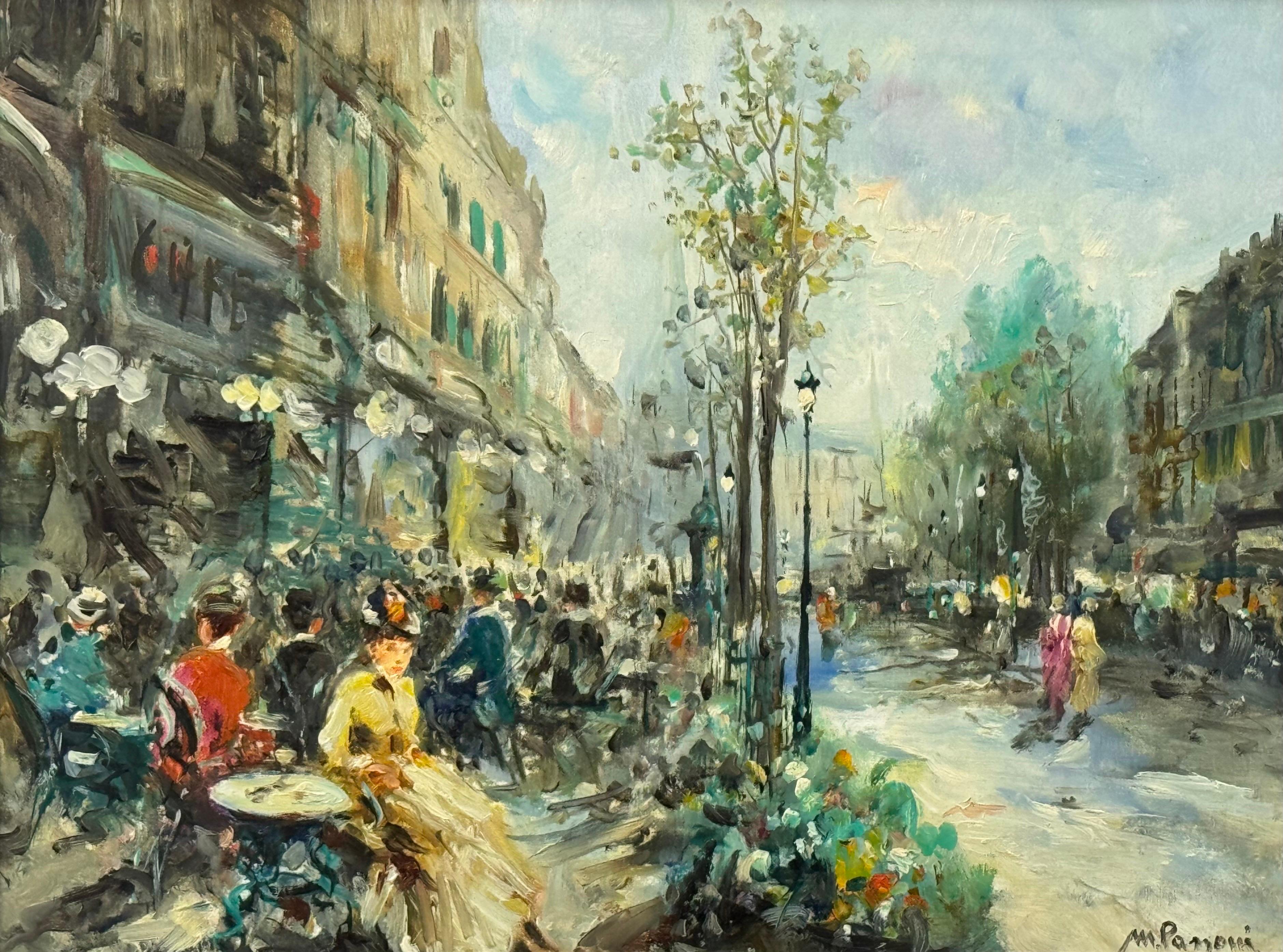 Parisian Café Terrace Street Street with Figures 20th Century Post-Impressionism by Italian Artist, Mario Passoni (Italian, born 1927)

Art measures 16 x 12 inches
Frame measures 23 x 19 inches

A radiant and romantic portrayal of café life in