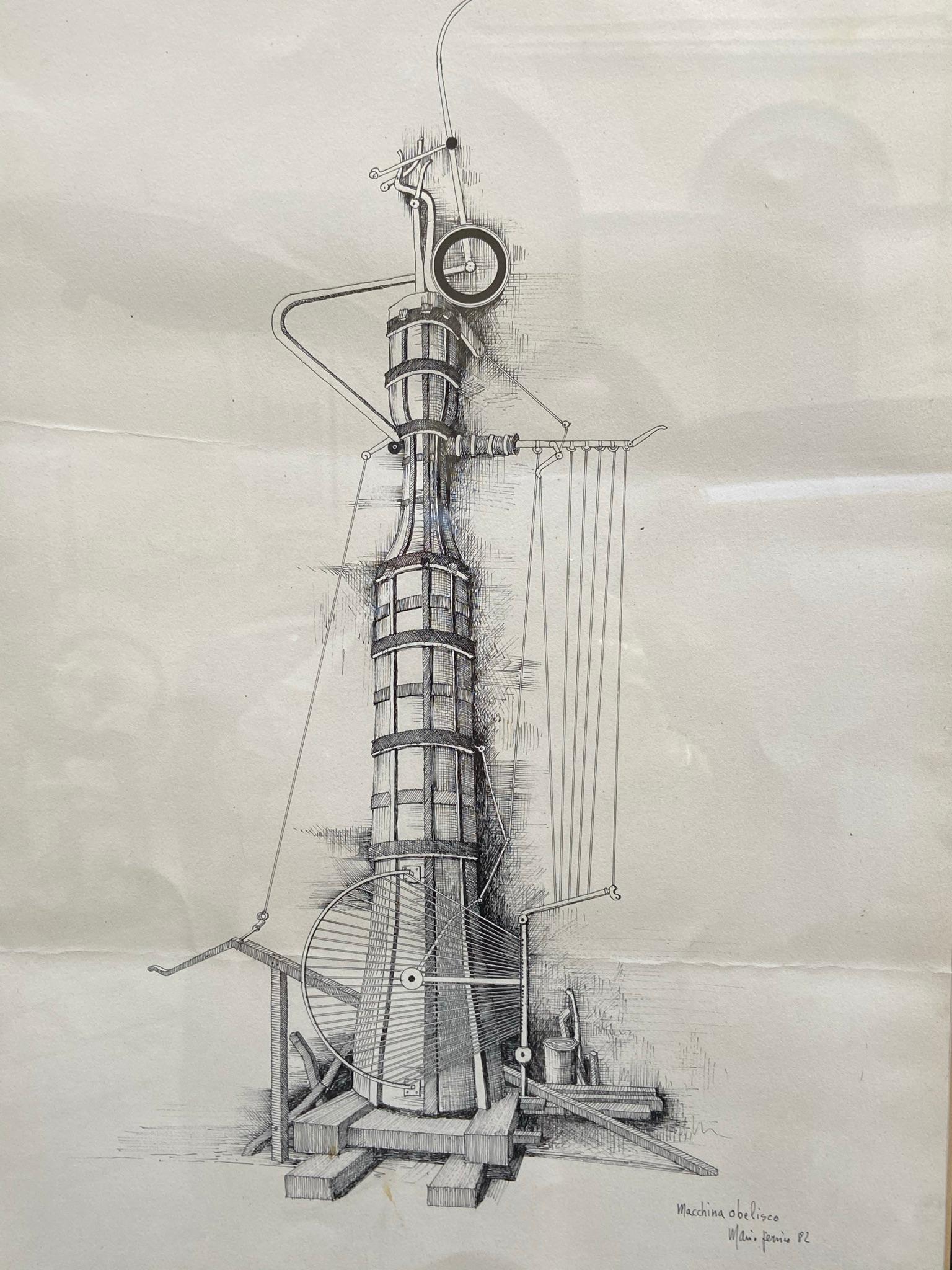 MACCHINA OBELISCO - Ink on paper by Mario Persico, Italy, 1982 1