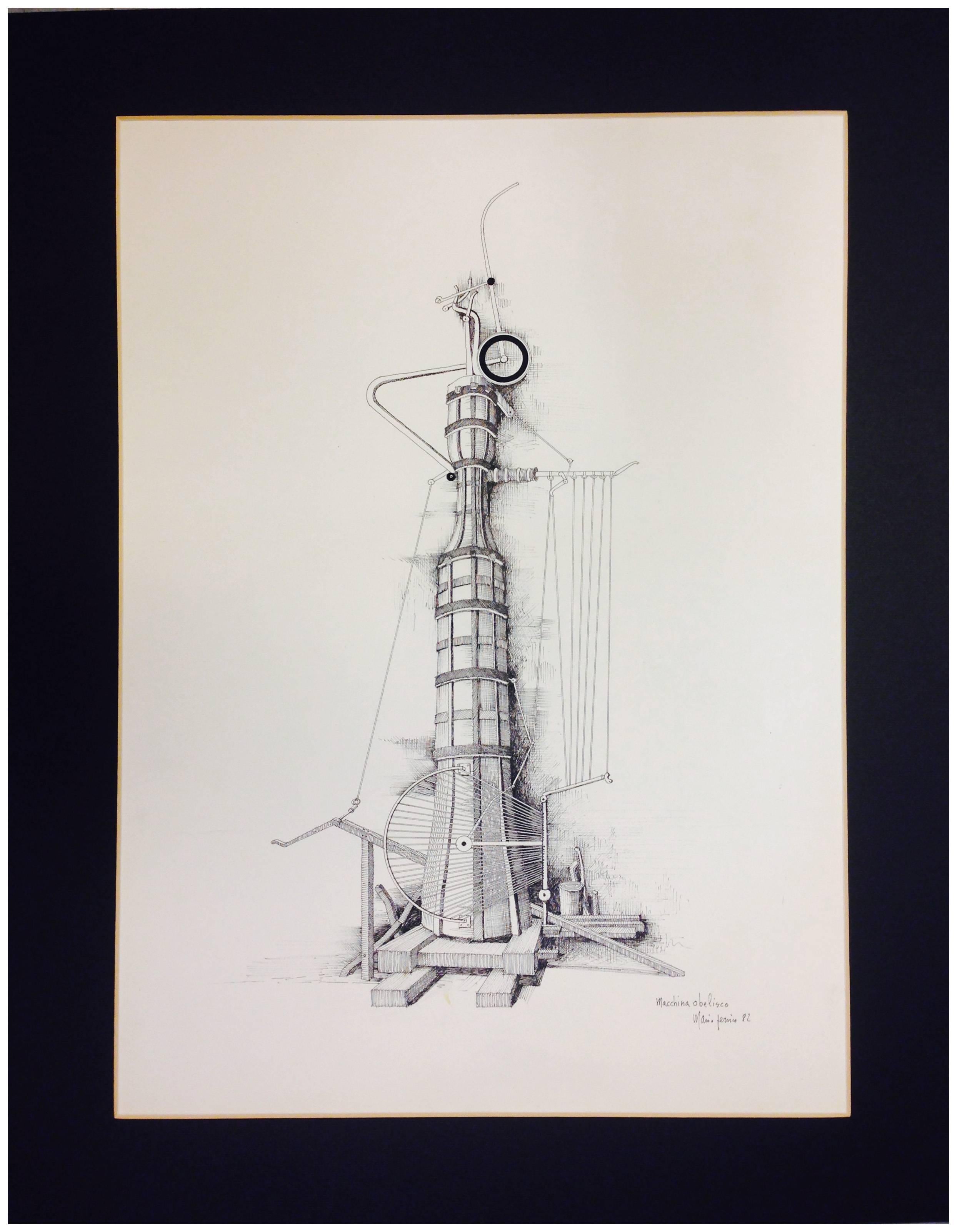 Macchina obelisco -Contemporary - Mario Persico Italia 1982 - China on paper cm. 50 x 35. Black laquered wooden frame cm. 64 x 49