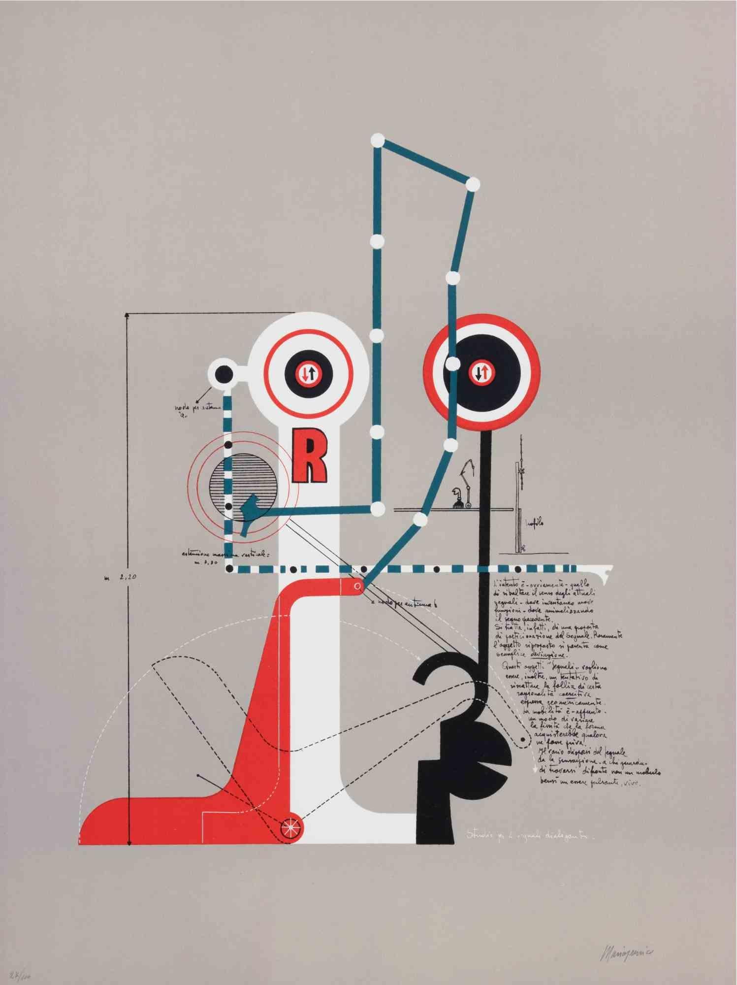 Studie für zwei kommunizierende Signale – Lithographie von Mario Persico – 1970er Jahre