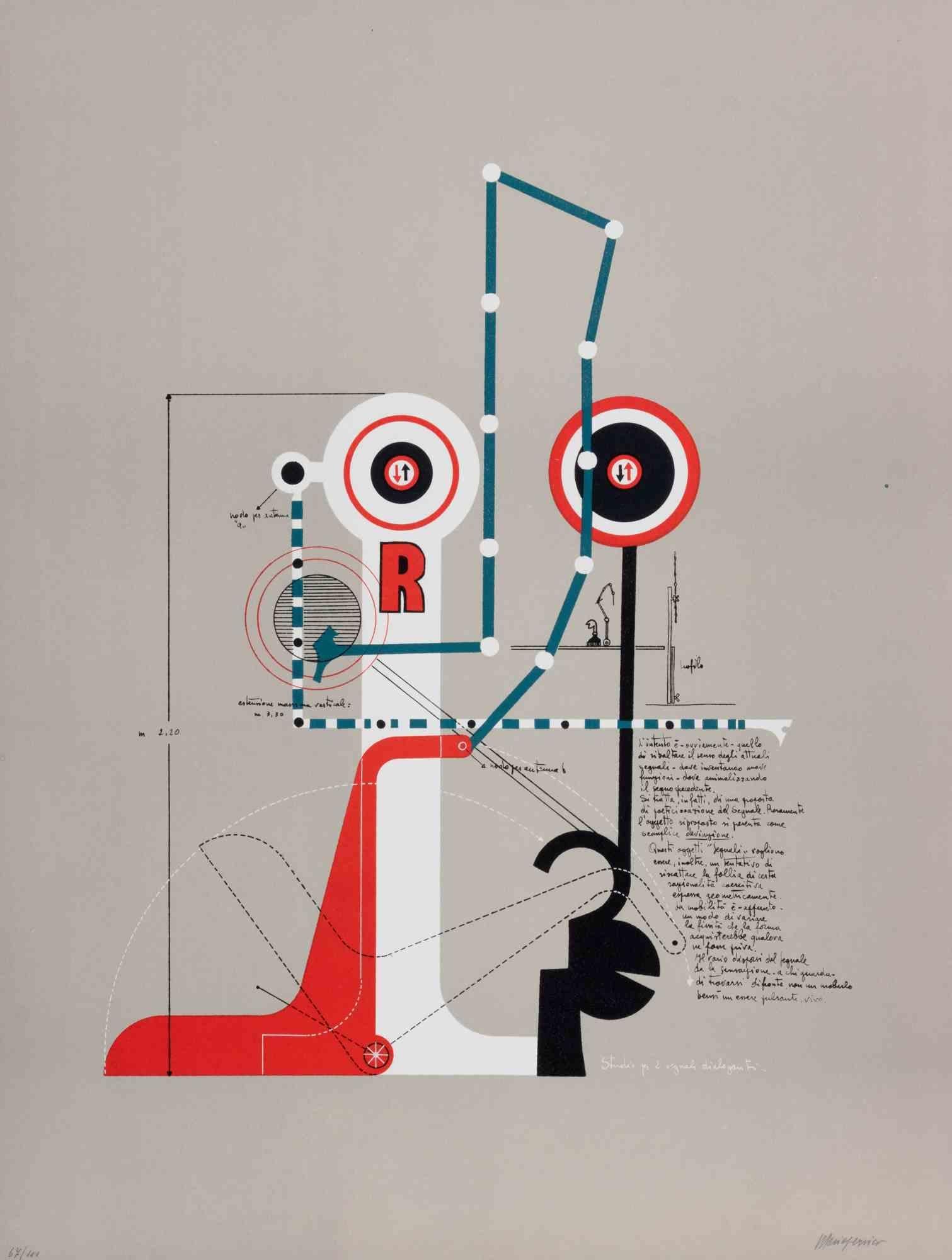 Studie für zwei kommunizierende Signale – Lithographie von Mario Persico – 1970er Jahre