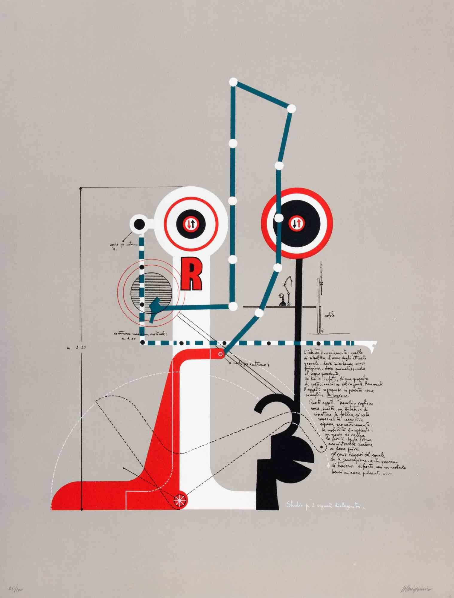 Étude pour deux signaux communicants est une œuvre d'art contemporain réalisée par Mario Persico dans les années 1970.

Lithographie en couleurs mélangées

Titre dans la marge inférieure.

Signé à la main par l'artiste

Numéroté dans la marge