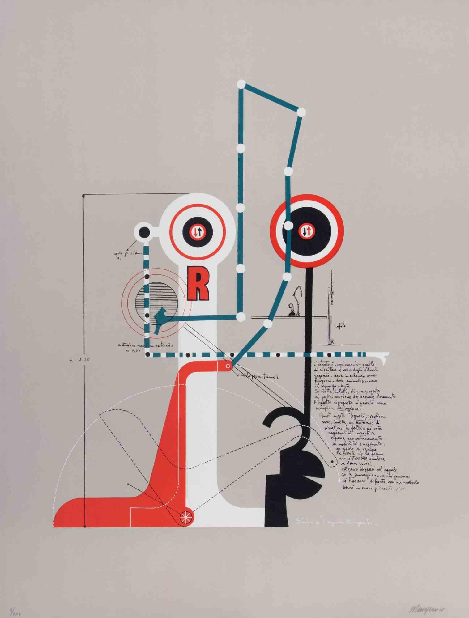 Studie für zwei kommunizierende Signale ist ein zeitgenössisches Kunstwerk von Mario Persico aus den 1970er Jahren. 

Gemischtfarbige Lithographie. 

Titel am unteren Rand.

Vom Künstler handsigniert. 

Am unteren Rand nummeriert. Ausgabe von