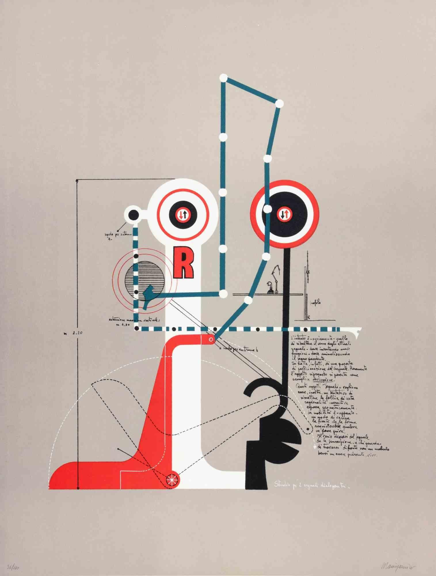 Studie für zwei kommunizierende Signale ist ein zeitgenössisches Kunstwerk von Mario Persico aus den 1970er Jahren.

Gemischtfarbige Lithographie

Titel am unteren Rand.

Vom Künstler handsigniert

Am unteren Rand nummeriert. Auflage von