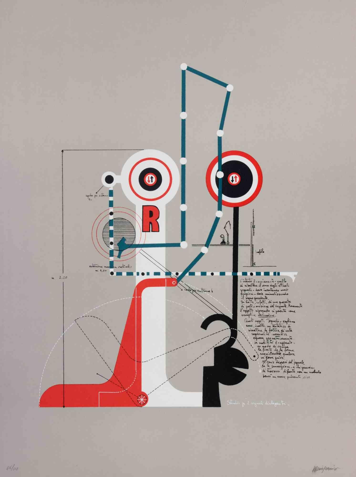 Studie für zwei kommunizierende Signale ist ein zeitgenössisches Kunstwerk von Mario Persico aus den 1970er Jahren.

Gemischtfarbige Lithographie

Titel am unteren Rand.

Vom Künstler handsigniert

Am unteren Rand nummeriert. Auflage von