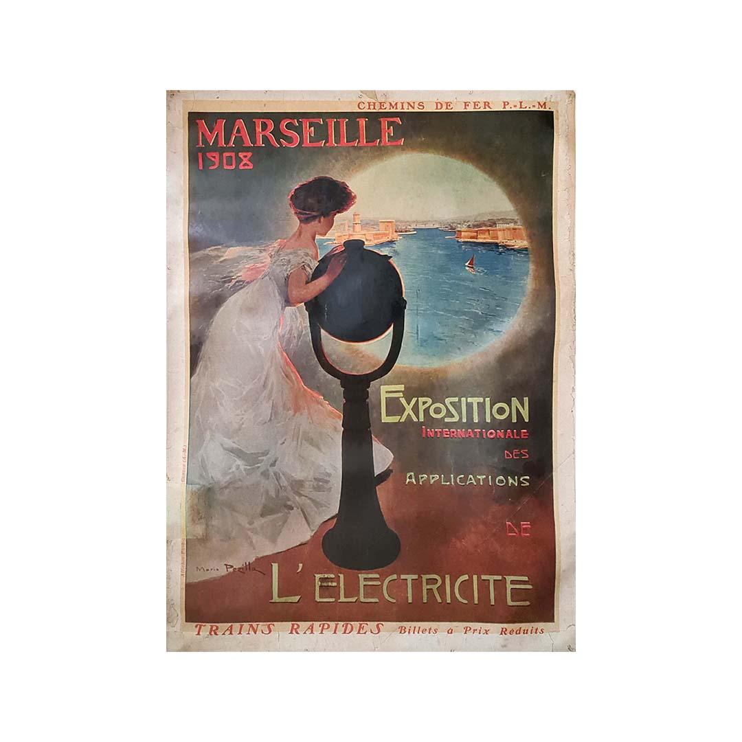 1908 Original poster by Mario Pezilla - International Electrical Exhibition For Sale 1