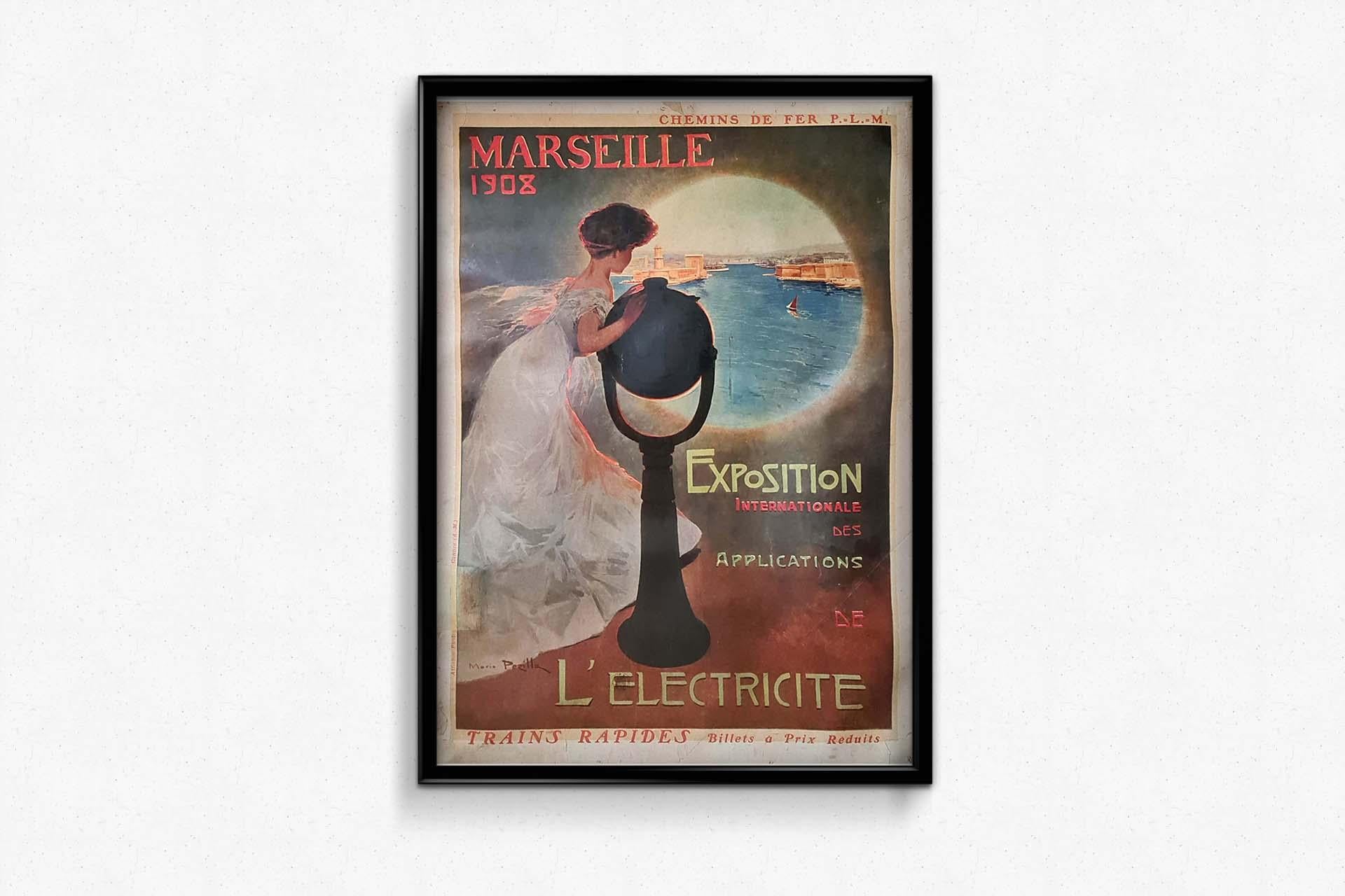 1908 Original poster by Mario Pezilla - International Electrical Exhibition For Sale 3