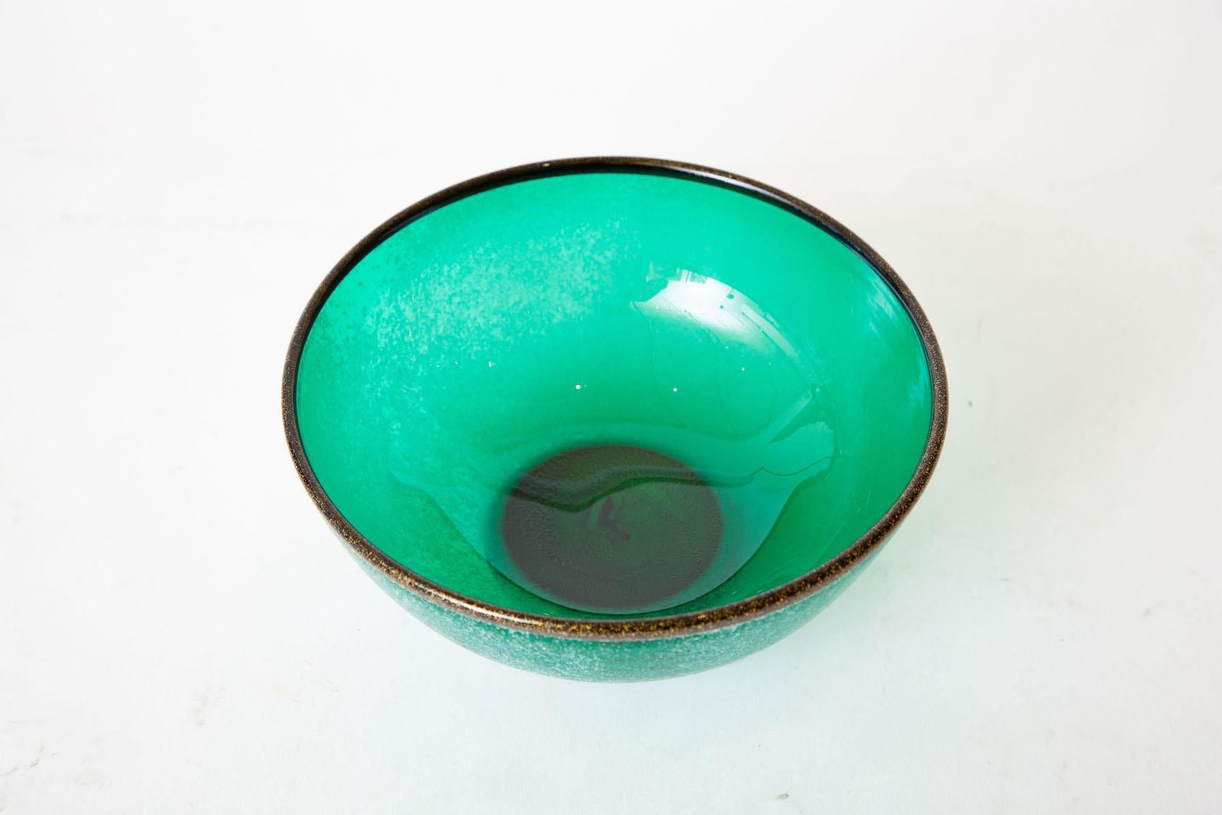 Vintage Mario Poggi Scavo Murano Teal Sea Green, Gold Aventurine Glass Bowl (Moderne) im Angebot