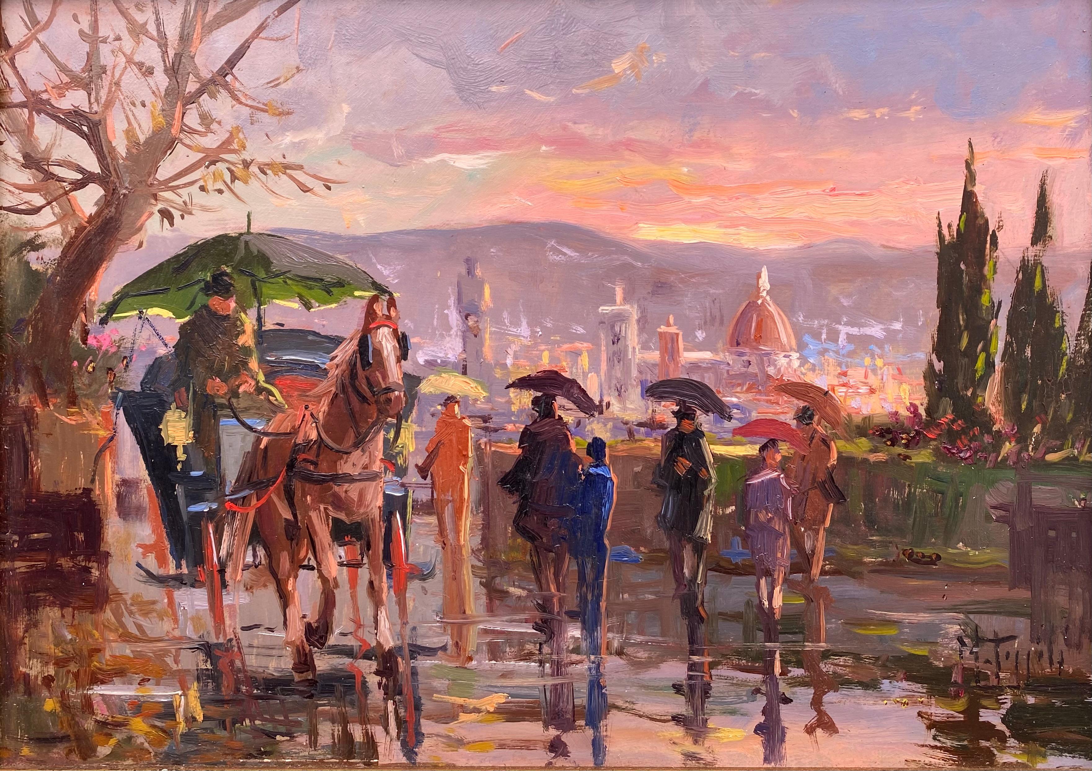 Figurative Painting Mario Poggiali  - Coucher de soleil pluvieux Florence, Italie