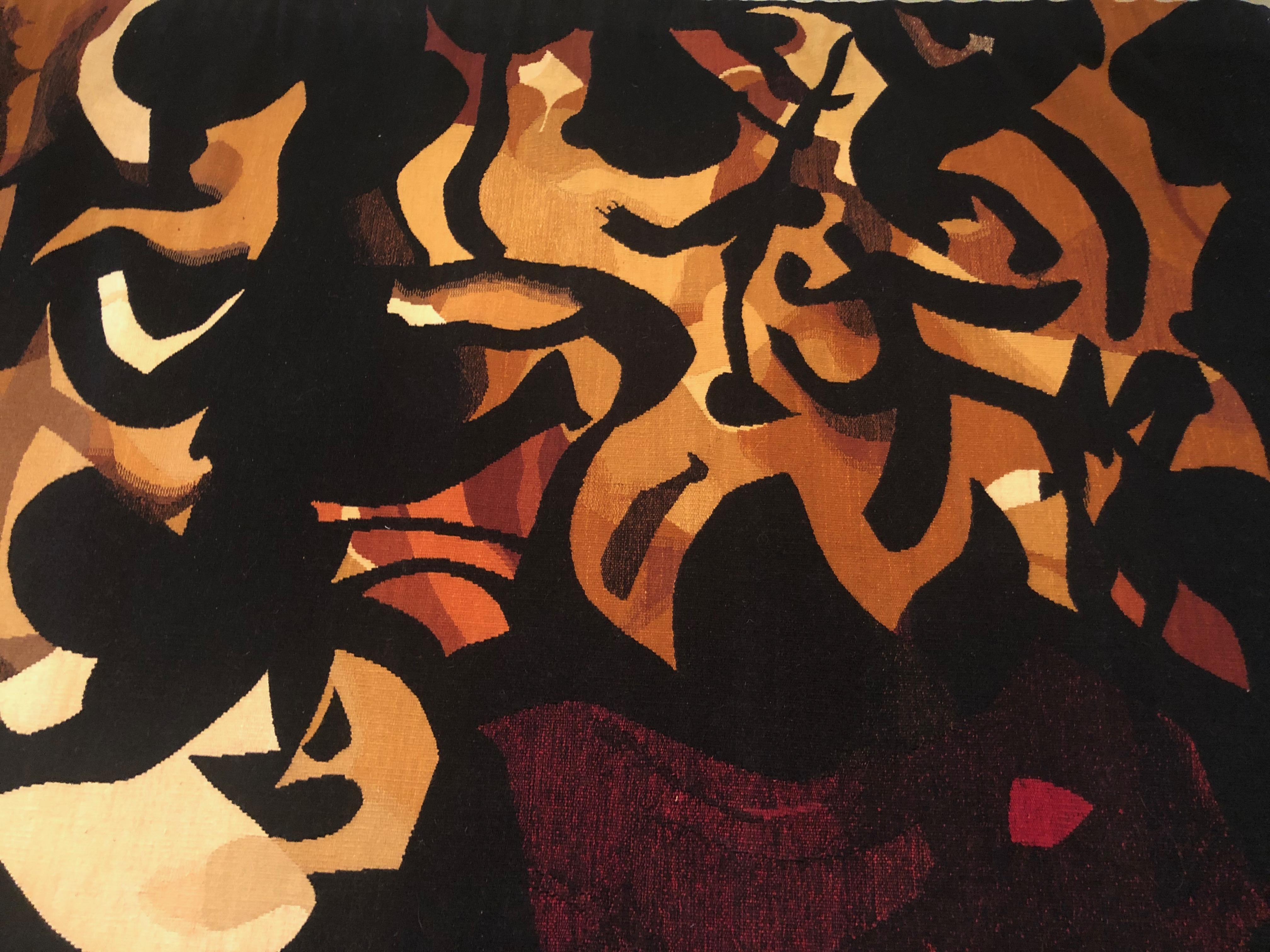 Mid-Century tapestry designed by Mario Prassinos (1916-1985) and woven at Atelier Suzanne Goubely-Gatien in Aubusson, France. Hand woven in wool, it dates to 1965 and entitled 