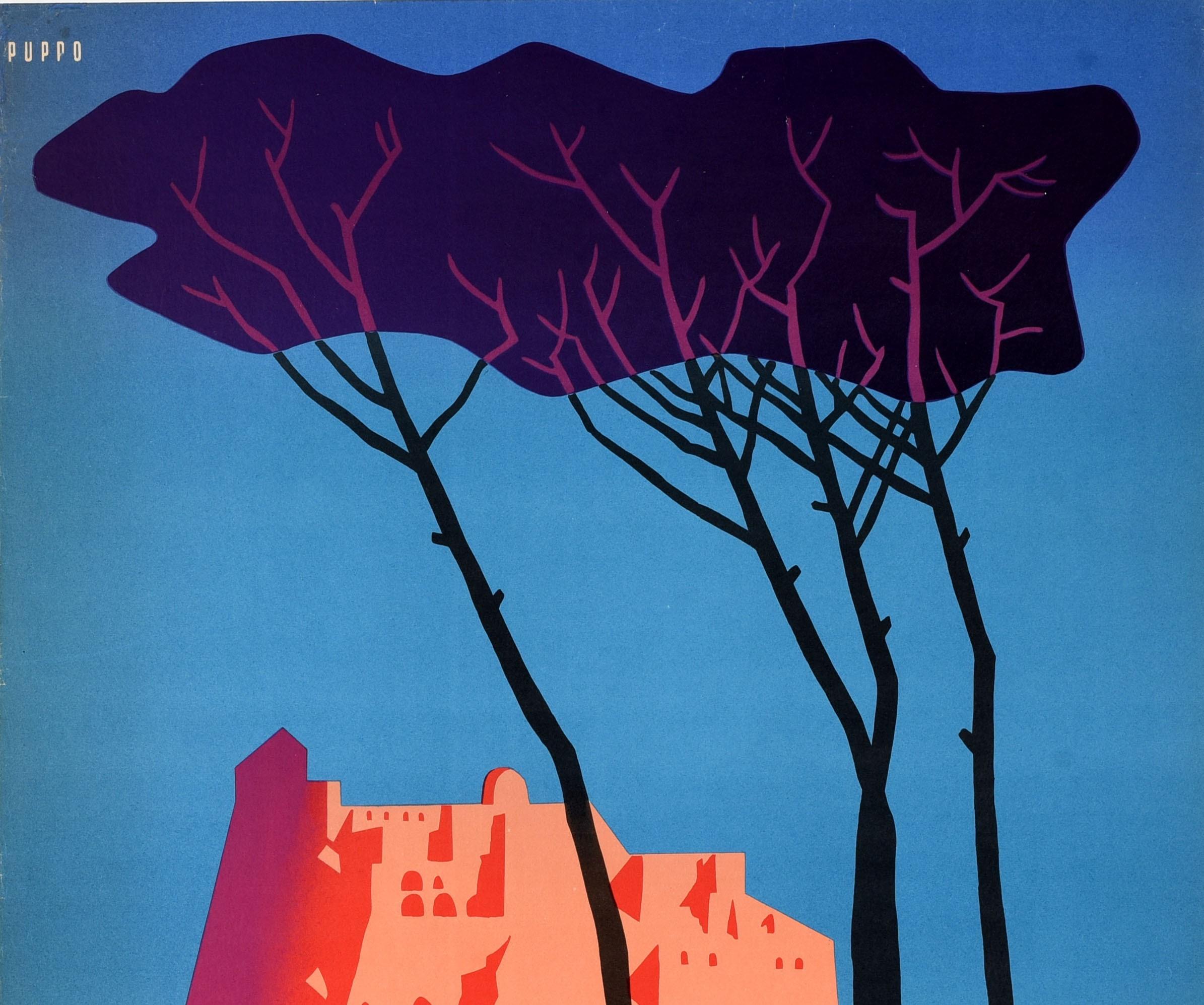 Poster di viaggio originale d'epoca Isola Ischia Italia ENIT Castello a Vela Arte - Print di Mario Puppo