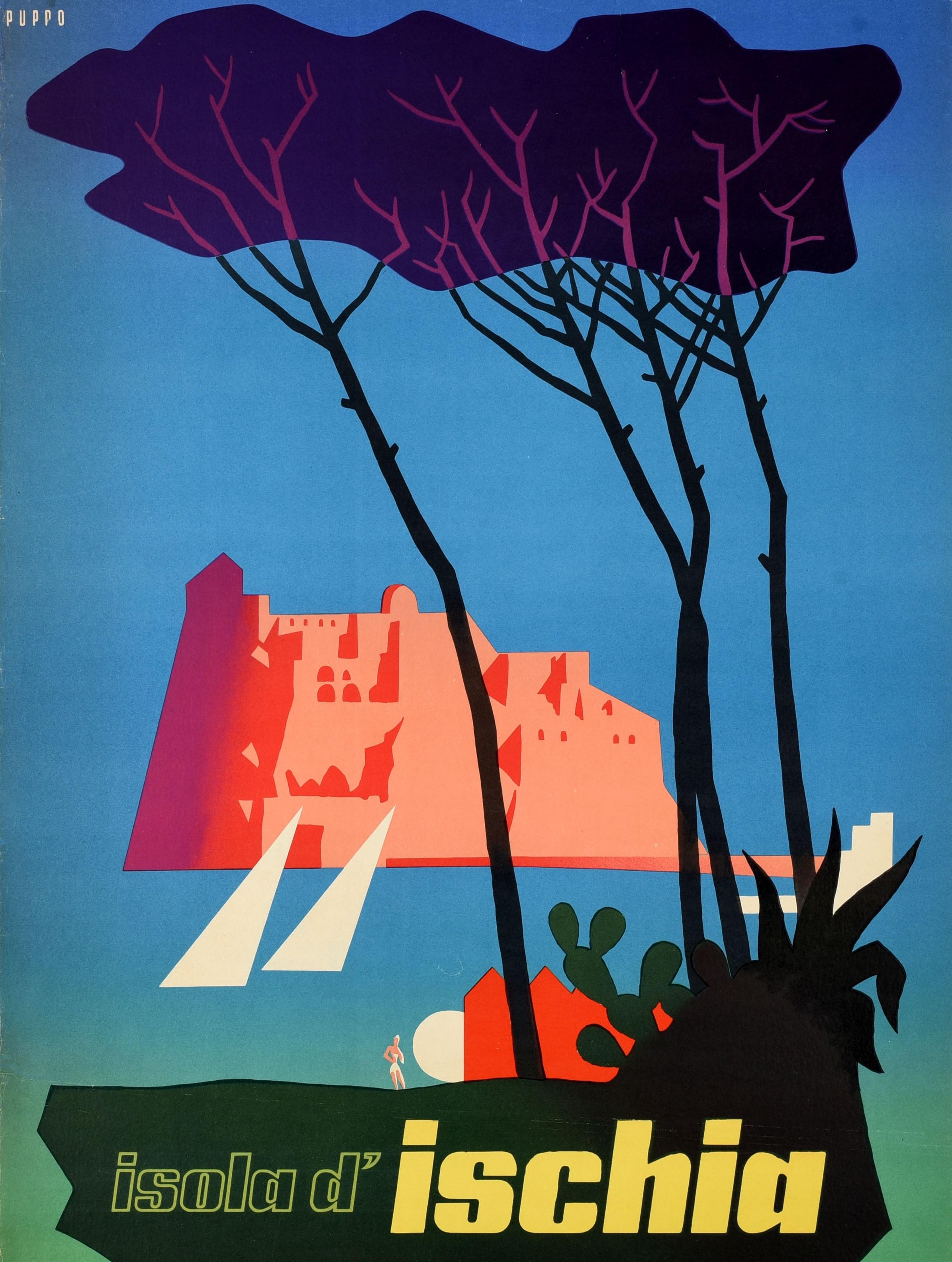 Poster di viaggio originale d'epoca Isola Ischia Italia ENIT Castello a Vela Arte 1