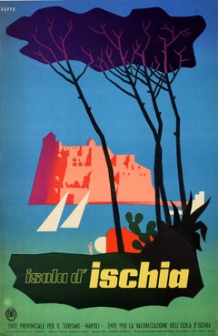 Affiche de voyage vintage d'origine Isola Ischia, Italie, château de voile, ENIT