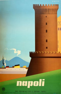 Affiche de voyage vintage d'origine Napoli Castel Nuovo Golfe de Naples Mont Vsuve