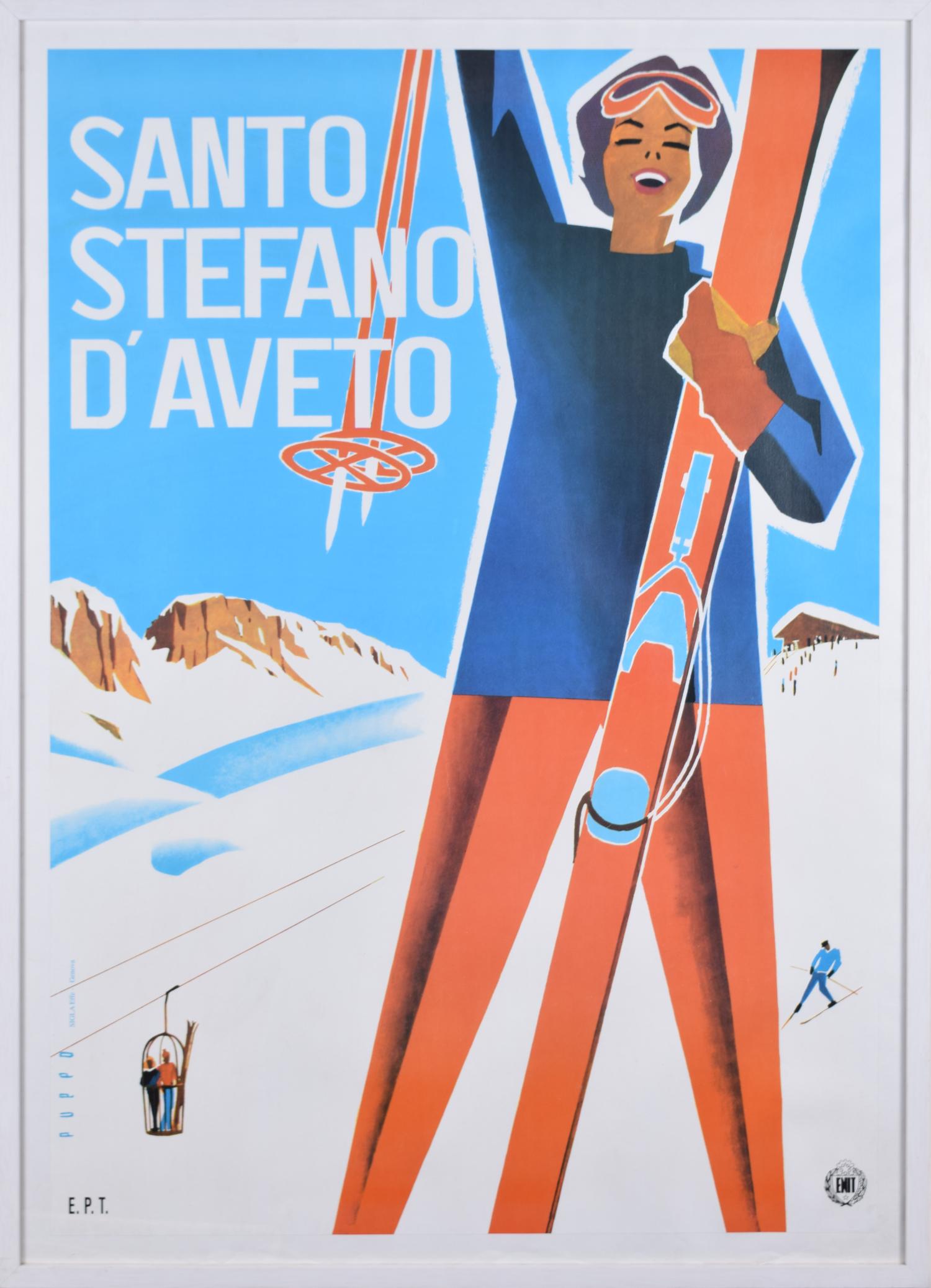 Santo Stefano d'Aveto, Originales italienisches Vintage-Skiplakat von Mario Puppo im Angebot 1