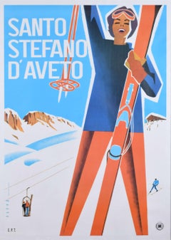 Affiche de ski italienne vintage originale Santo Stefano d'Aveto par Mario Puppo
