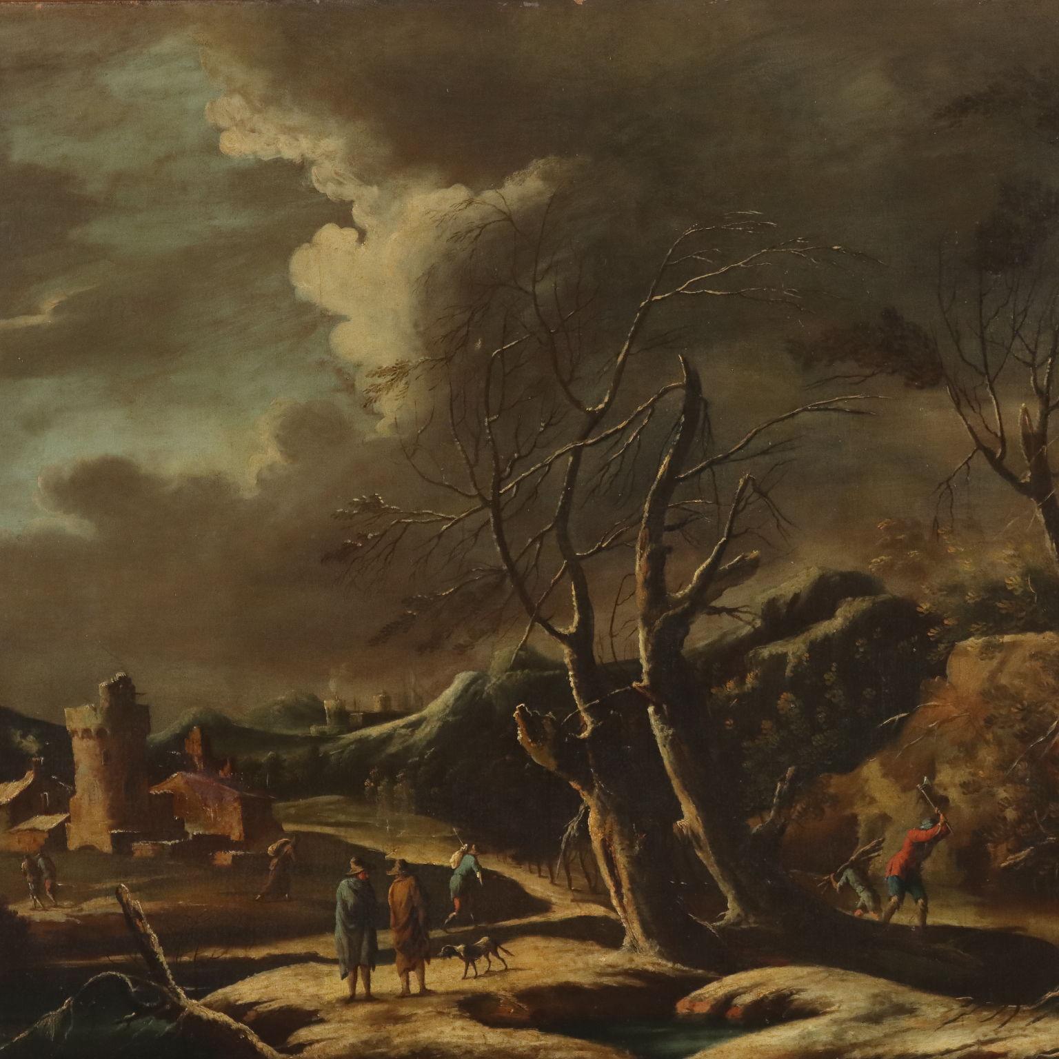 Winterlandschaft mit Figuren 18. Jahrhundert (Sonstige Kunststile), Painting, von Mario Ricci
