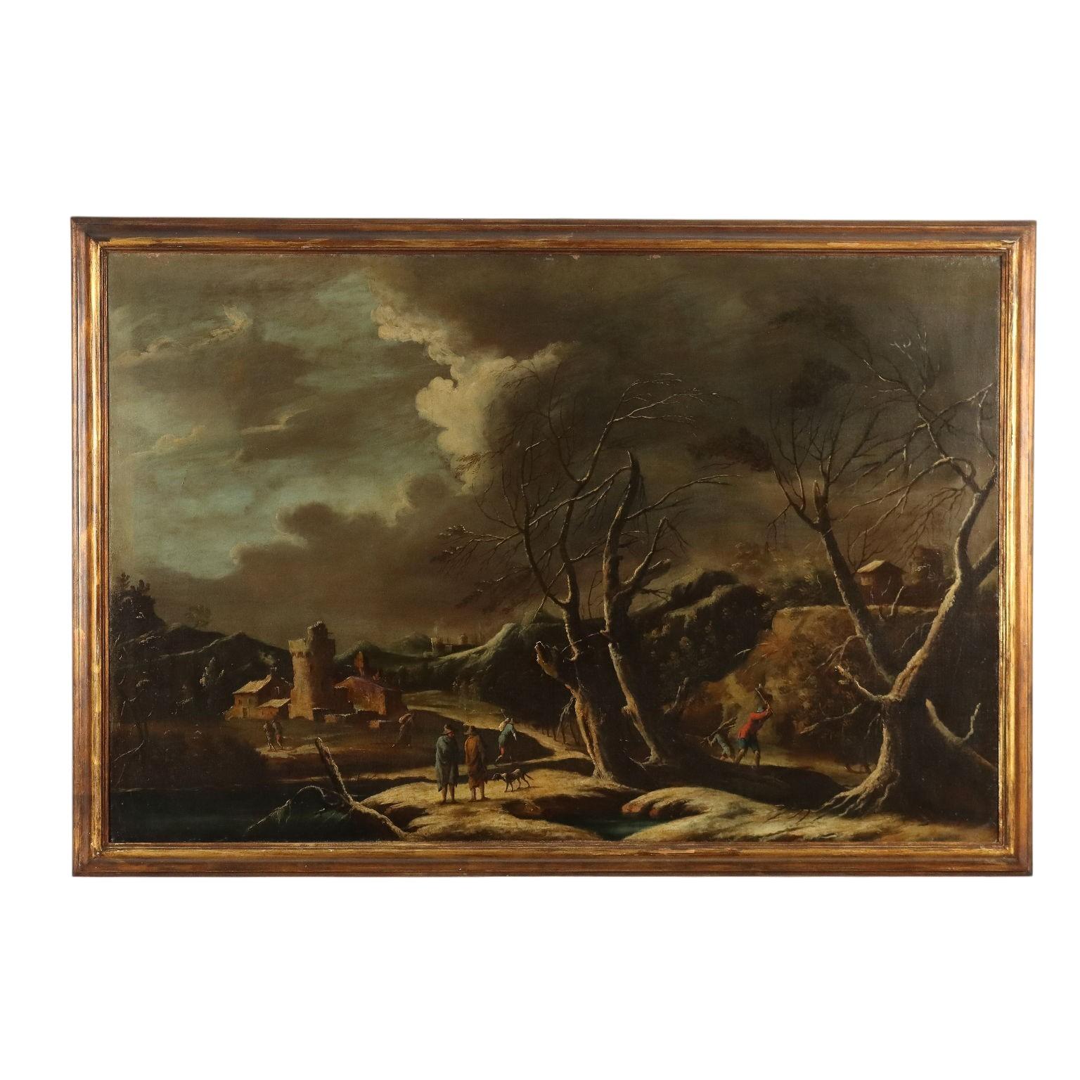 Mario Ricci Landscape Painting – Winterlandschaft mit Figuren 18. Jahrhundert