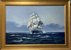 Mario Ricciadi painting on canvas, seascape, Sailing Ship in the Ocean, Framed
