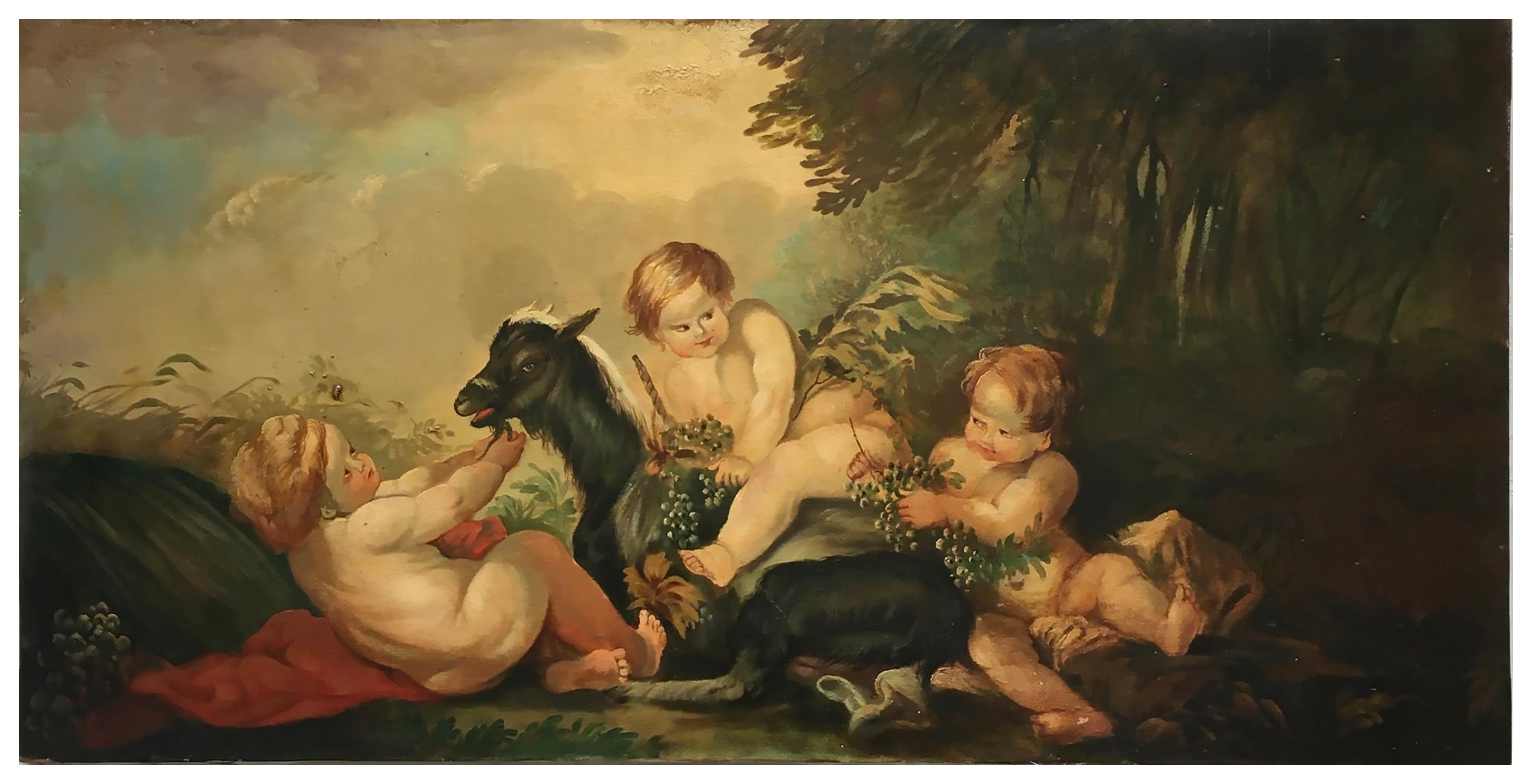 Cherubim - Oil on canvas painting, Mario Rosario Allegretti, Italy, 2000

This delightful oil on canvas in Baroque style depicts cherubs playing with a goat, most likely inspired by the allegories with cherubs by the Flemish painter Peter Paul Rubens