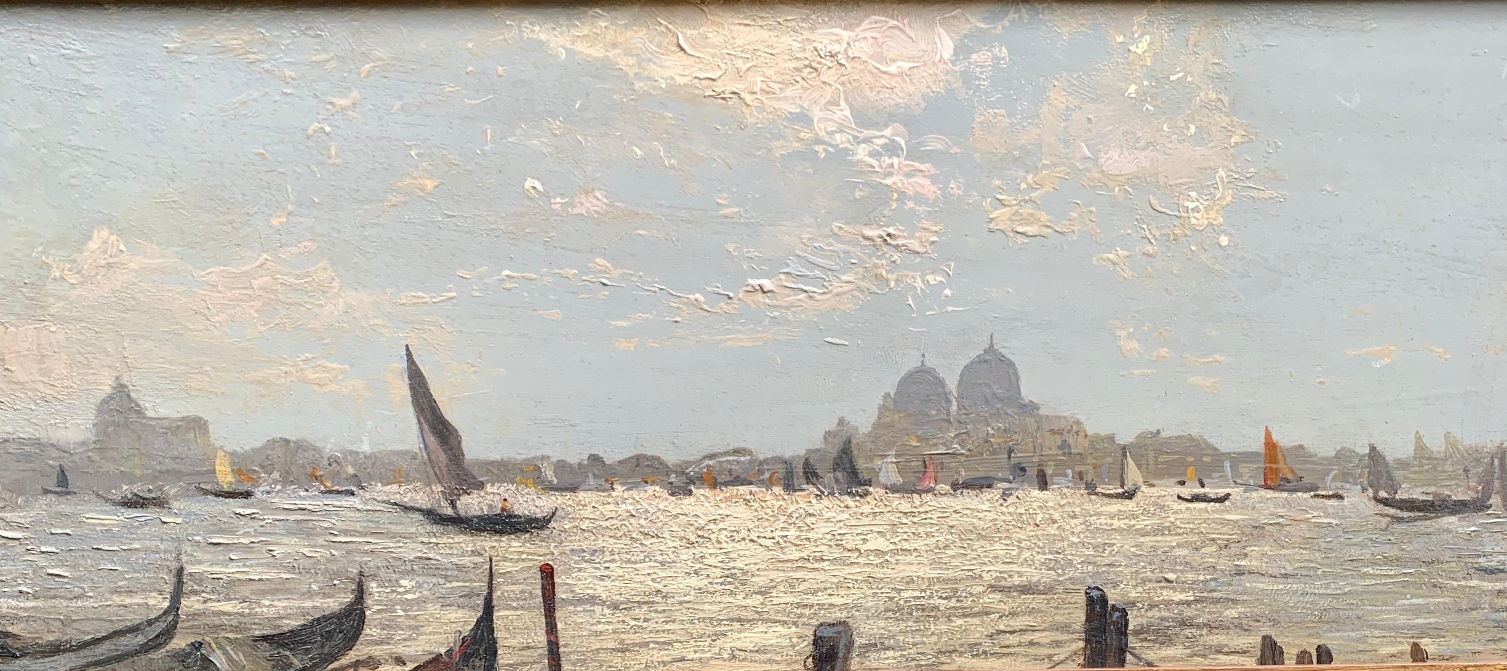 Impressionist view of Venice from the sea or Canal, with boats and gondolas - Painting by Mario Rosario Allegretti