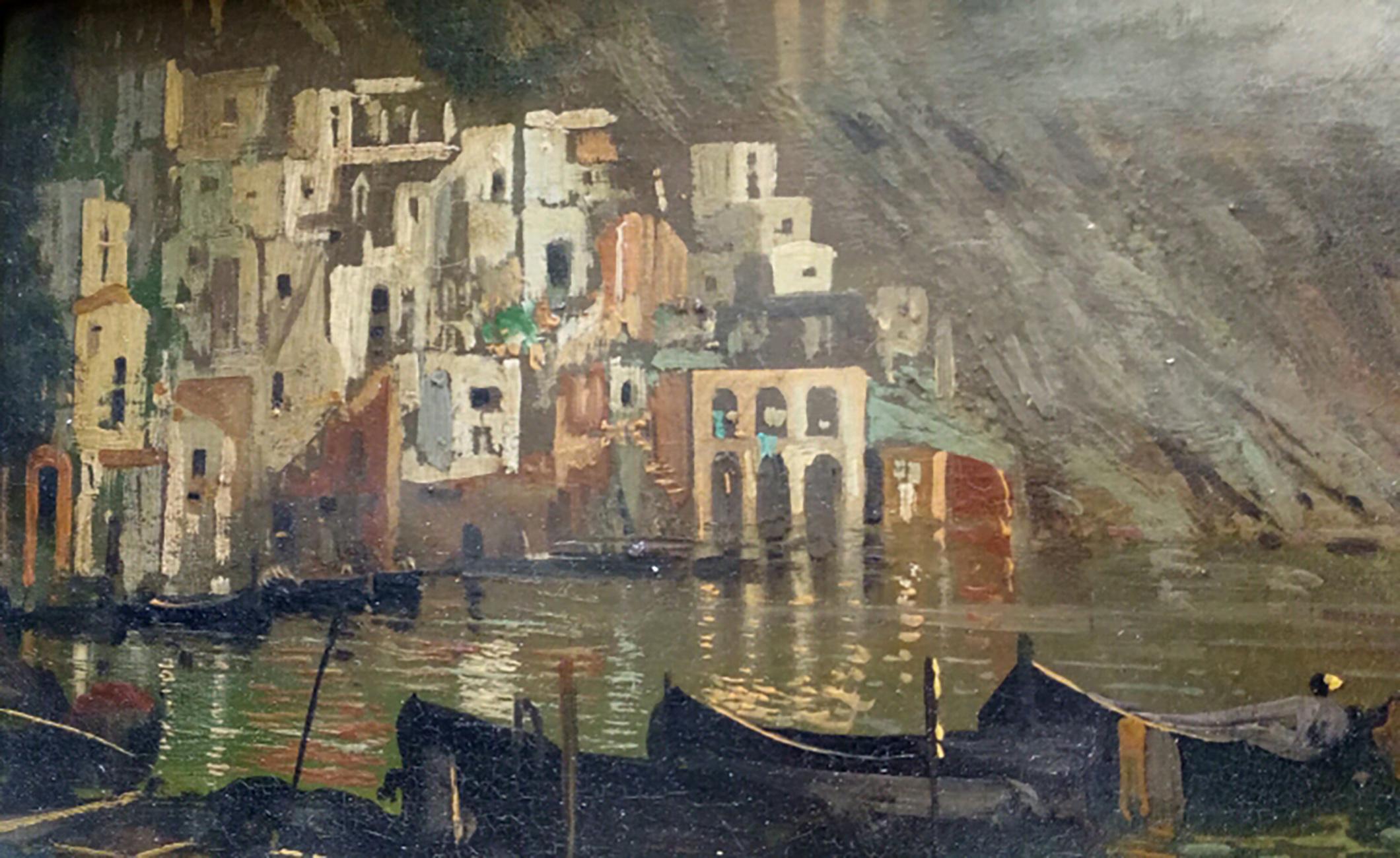 MARINE -École Posillipo -  Italien- Paysage Huile sur toile - Noir Landscape Painting par Mario Rosario Allegretti