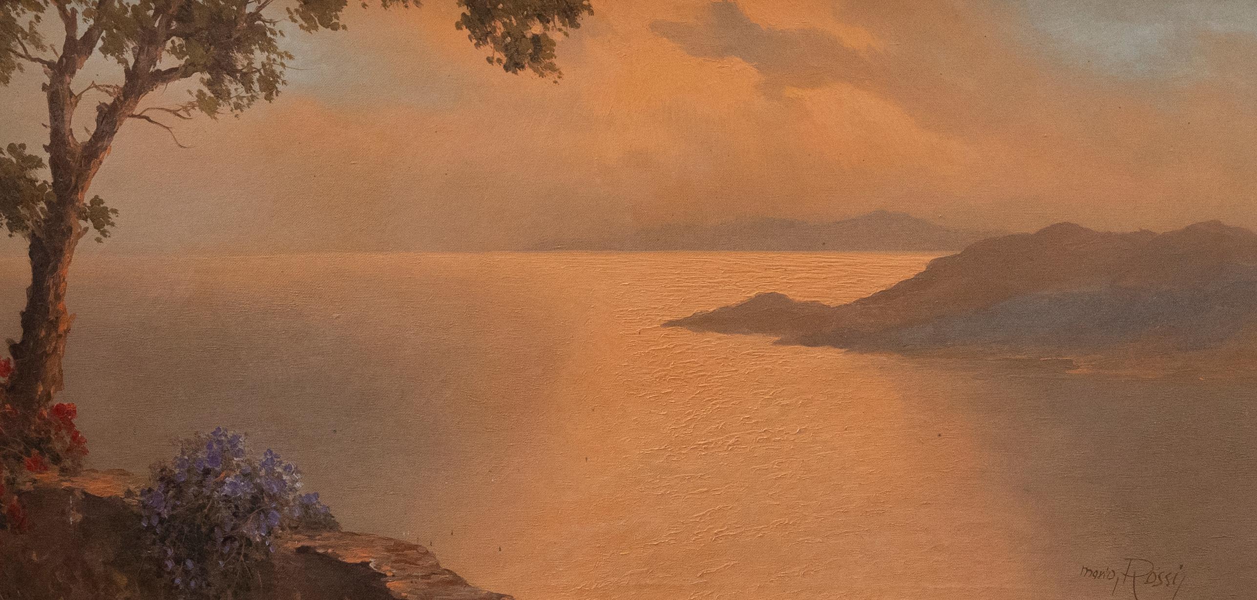 Mario Rossi (nato nel 1958) - Olio del XX secolo incorniciato, Tramonto al largo della costa italiana 1