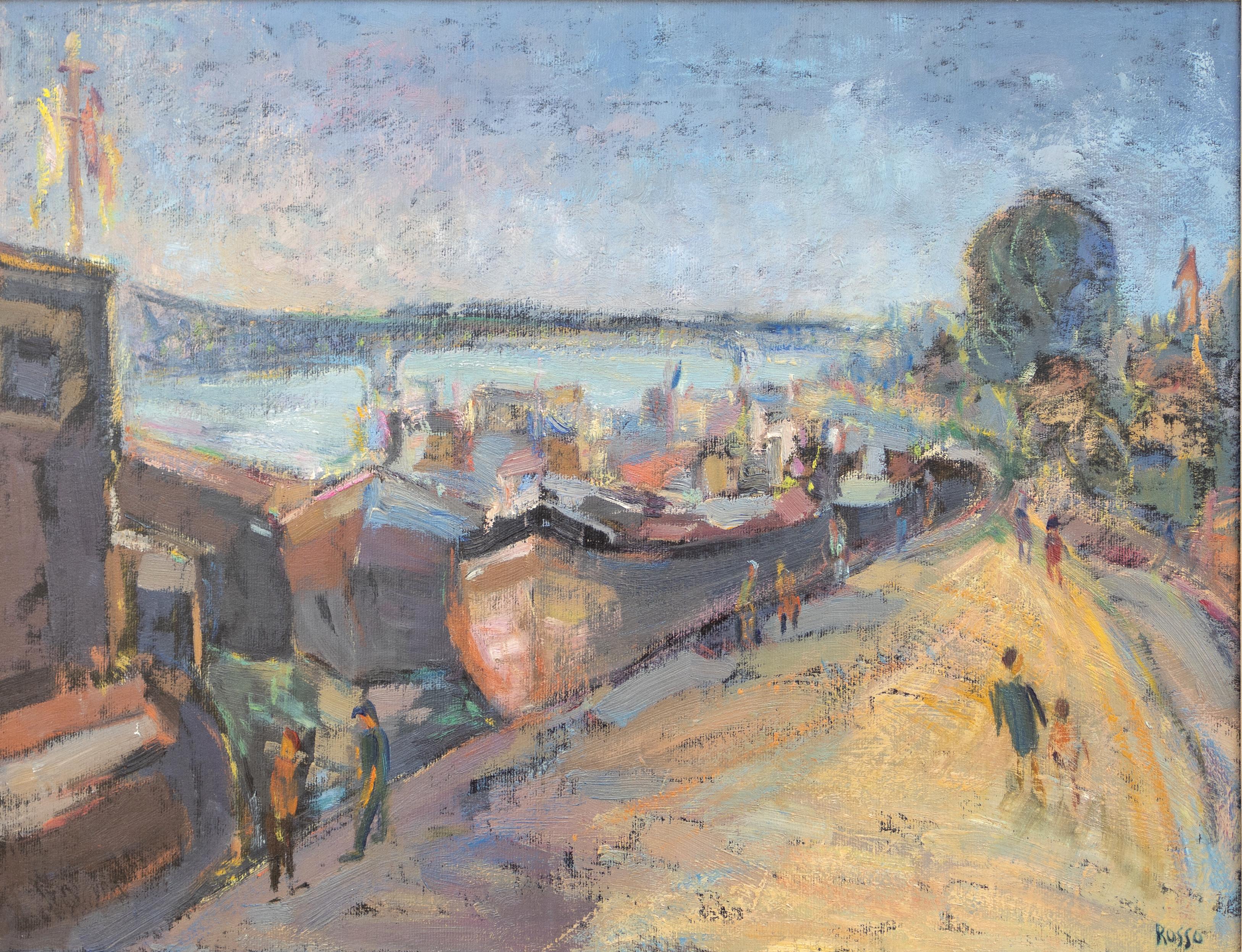 Mario Russo Figurative Painting - Harbor Scene Impressionist Landscape