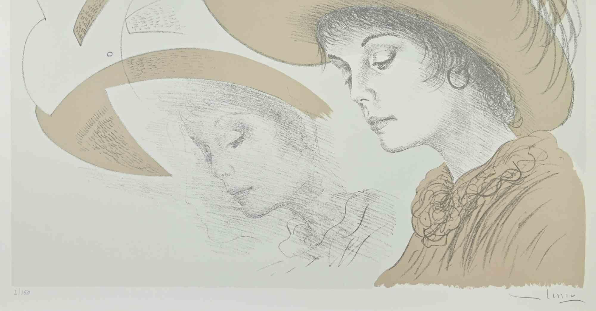 Mujeres con sombrero - Litografía de Mario Russo - Años 80 en venta 1