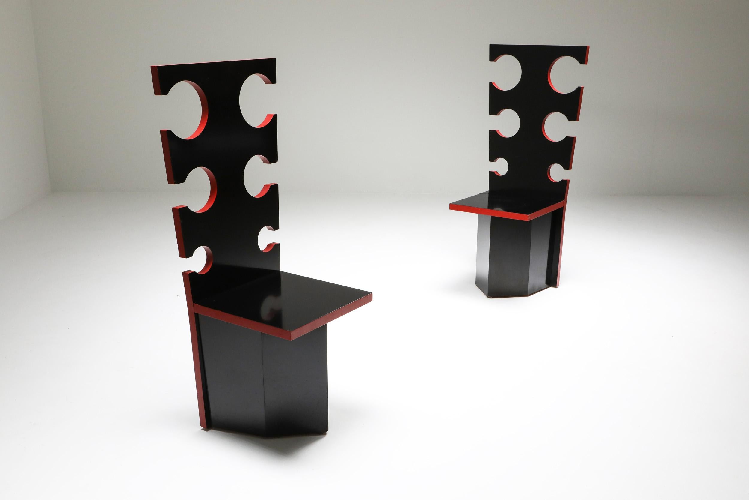 Black lacquer with red edges by Max Papiri, functional art, collectible design 
Designed on request by and for the private home of Mario Sabot. The intriguing design shows straight cut-out backrests and rectangular seats on a polygonal base. The