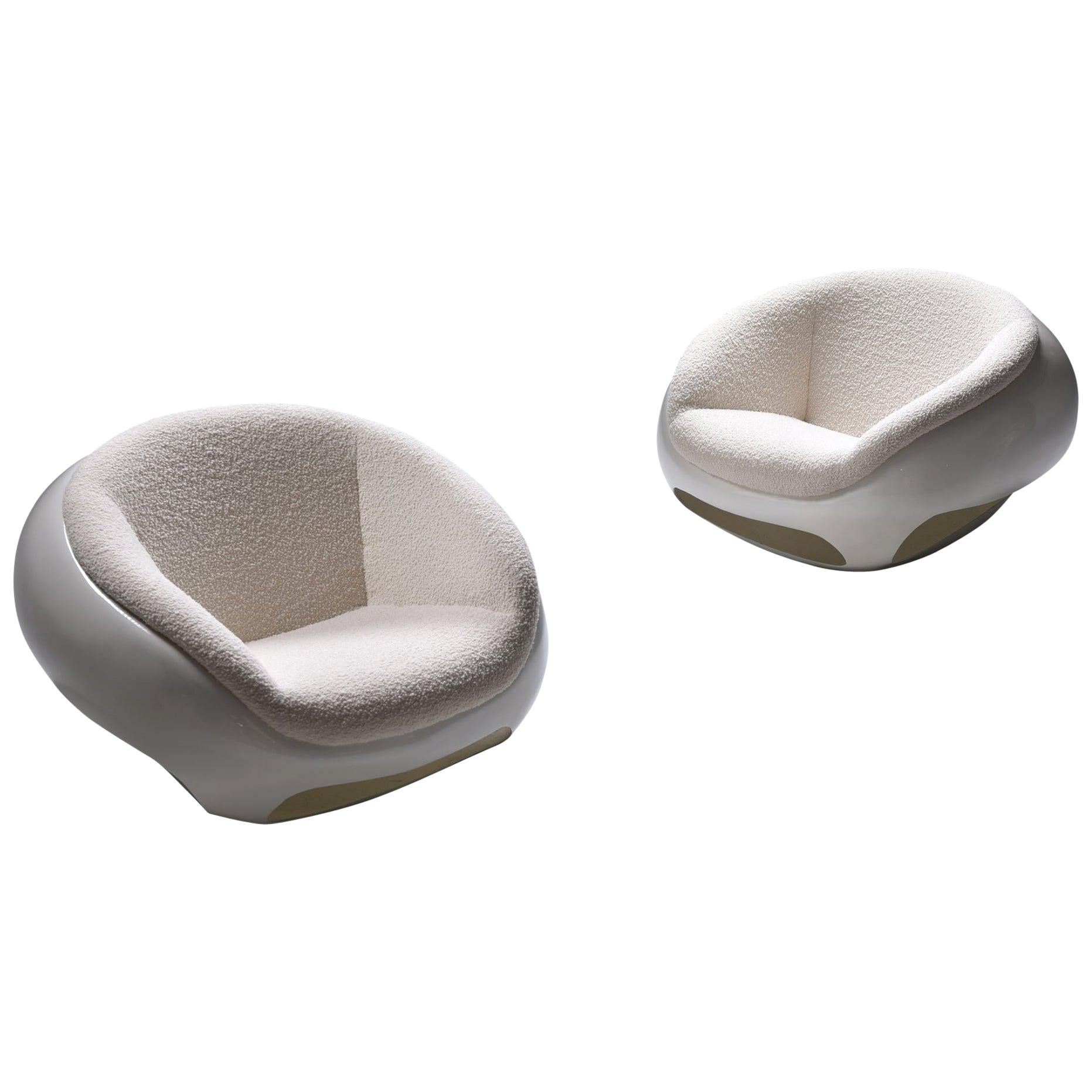 Mario Sabot Sculptural Fiberglass Lounge Chairs in Bouclé