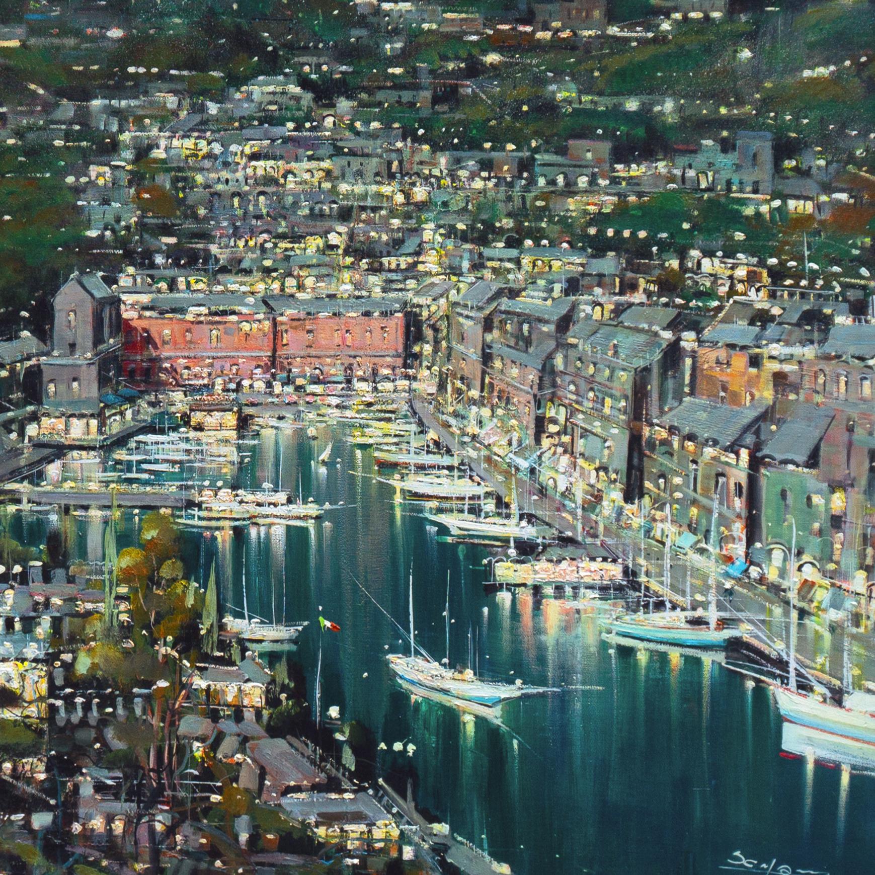 Signed lower right, 'Sanzone' for Mario Sanzone (Italian, born 1946) and titled, 'Portofino'. 

A substantial oil on canvas showing an atmospheric view of this jewel of the Italian Riviera sparkling with night-time lights.

Born in Naples in 1946,